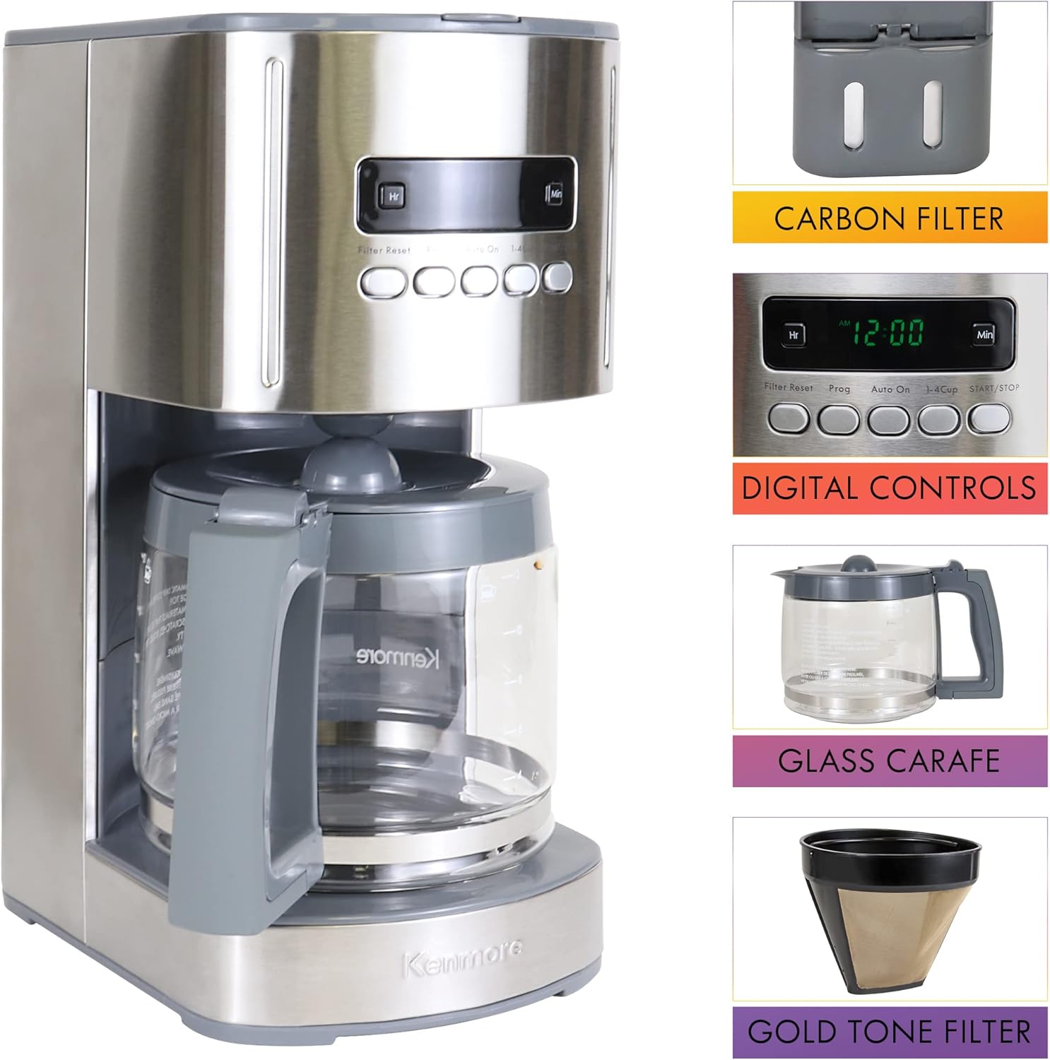 Kenmore Kahve Makinesi 12 fincan Damla Kahve Makinesi Yeniden Kullanılabilir Filtre Programlanabilir Zamanlayıcı Dijital Ekran Aroma Kontrolü Cam Sürahi Kömür Su Filtresi Normal Kalın Paslanmaz Çelik