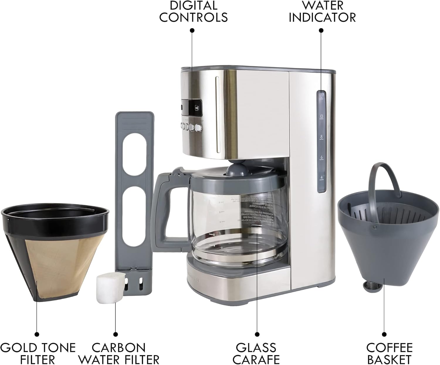 Kenmore Kahve Makinesi 12 fincan Damla Kahve Makinesi Yeniden Kullanılabilir Filtre Programlanabilir Zamanlayıcı Dijital Ekran Aroma Kontrolü Cam Sürahi Kömür Su Filtresi Normal Kalın Paslanmaz Çelik