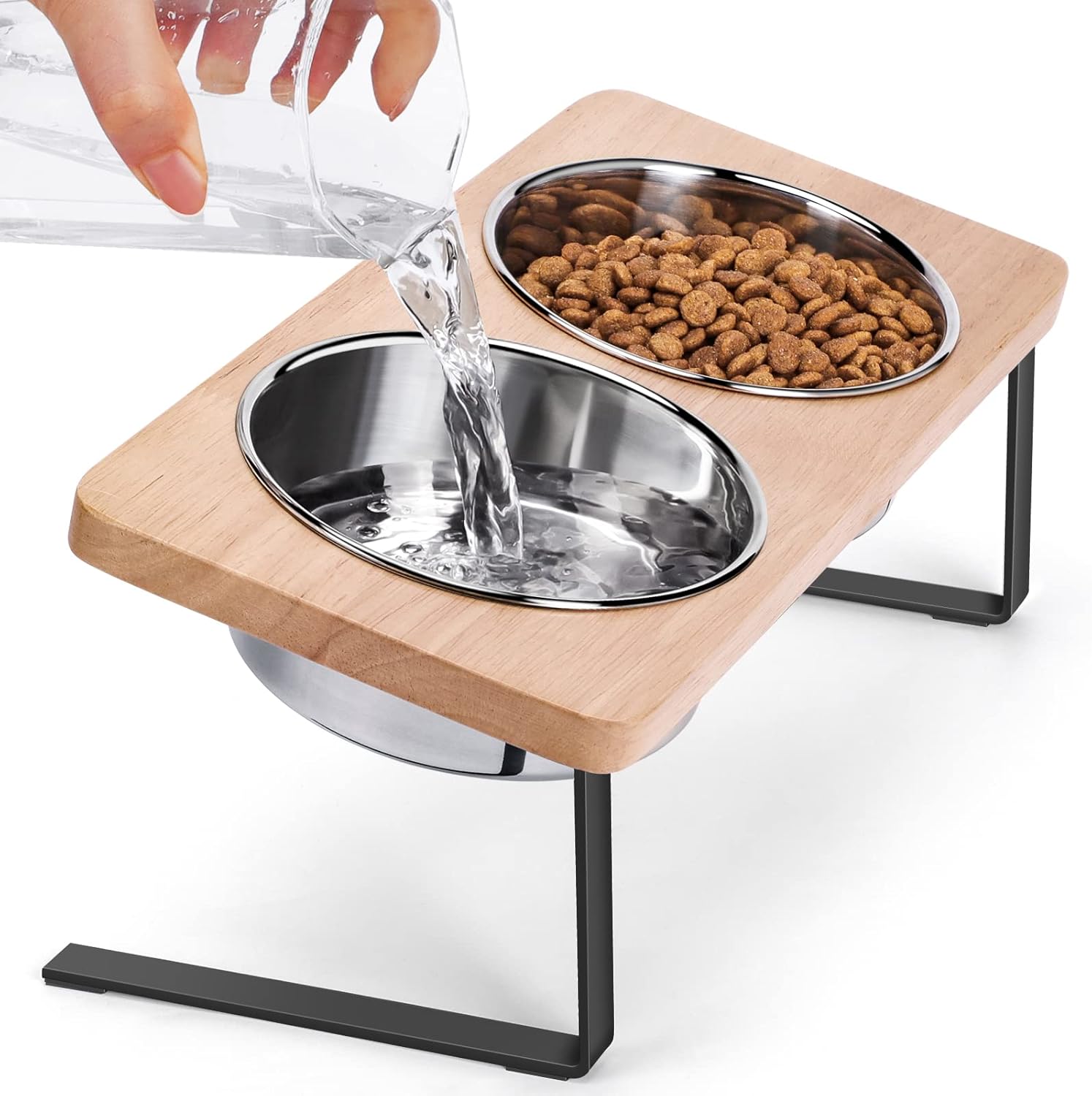 Gamelles surélevées pour chats, bols de nourriture pour chats inclinés à 15°, bols en bois pour animaux de compagnie avec support, anti-vomissements, 2 bols en acier inoxydable pour chats et chiots