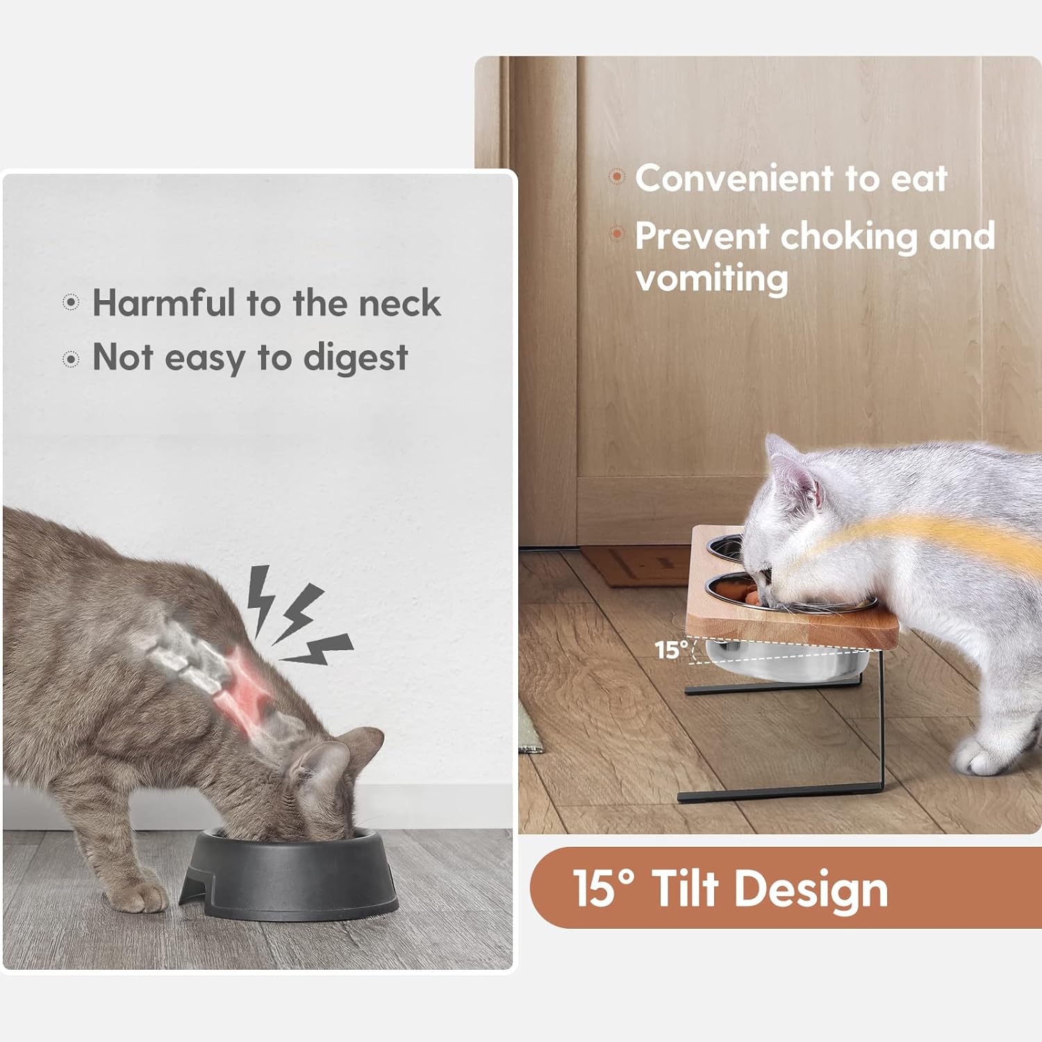Cuencos elevados para gatos, inclinados 15°, cuencos de comida para gatos, cuencos de madera para mascotas con soporte antivómito, 2 cuencos de acero inoxidable para gatos y cachorros