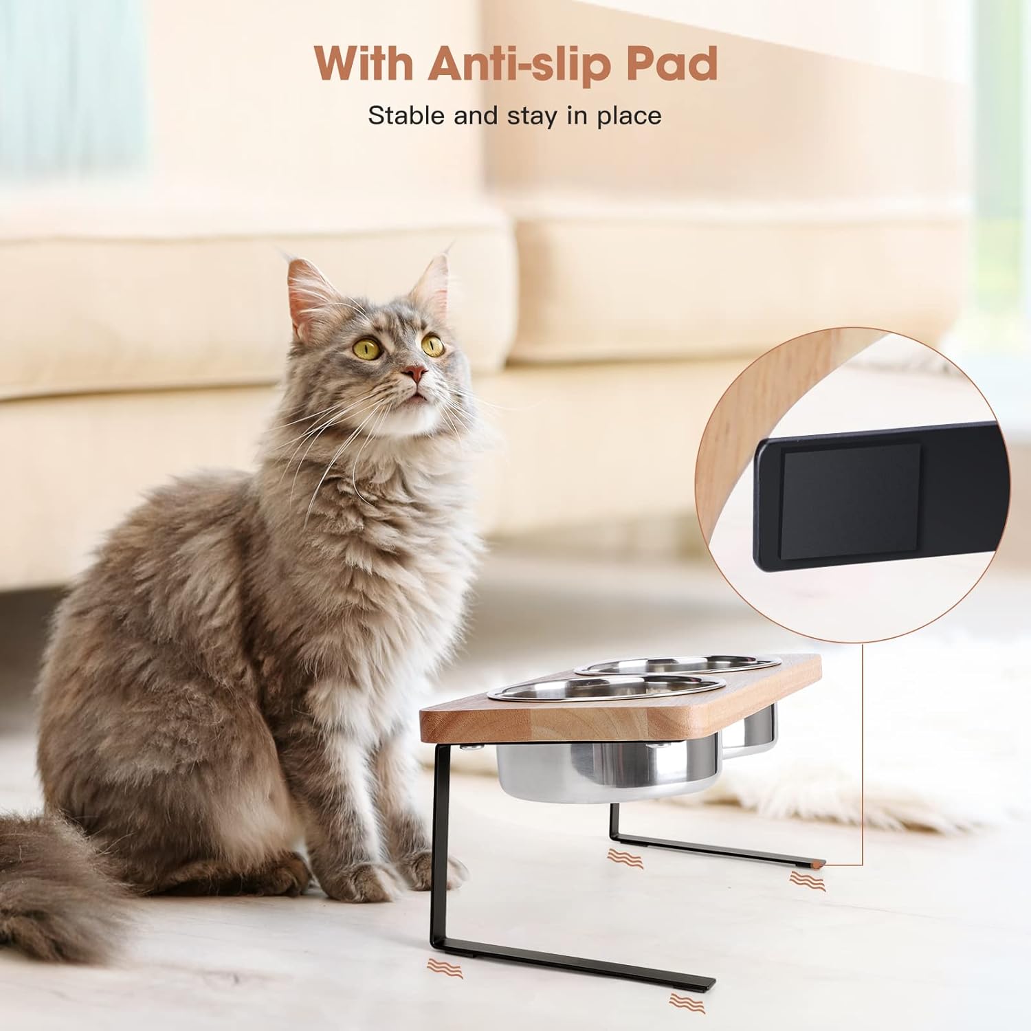 Cuencos elevados para gatos, inclinados 15°, cuencos de comida para gatos, cuencos de madera para mascotas con soporte antivómito, 2 cuencos de acero inoxidable para gatos y cachorros