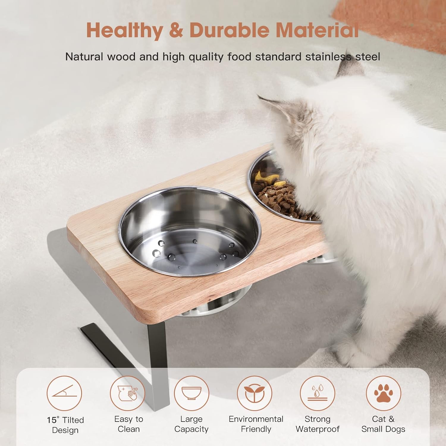 Cuencos elevados para gatos, inclinados 15°, cuencos de comida para gatos, cuencos de madera para mascotas con soporte antivómito, 2 cuencos de acero inoxidable para gatos y cachorros
