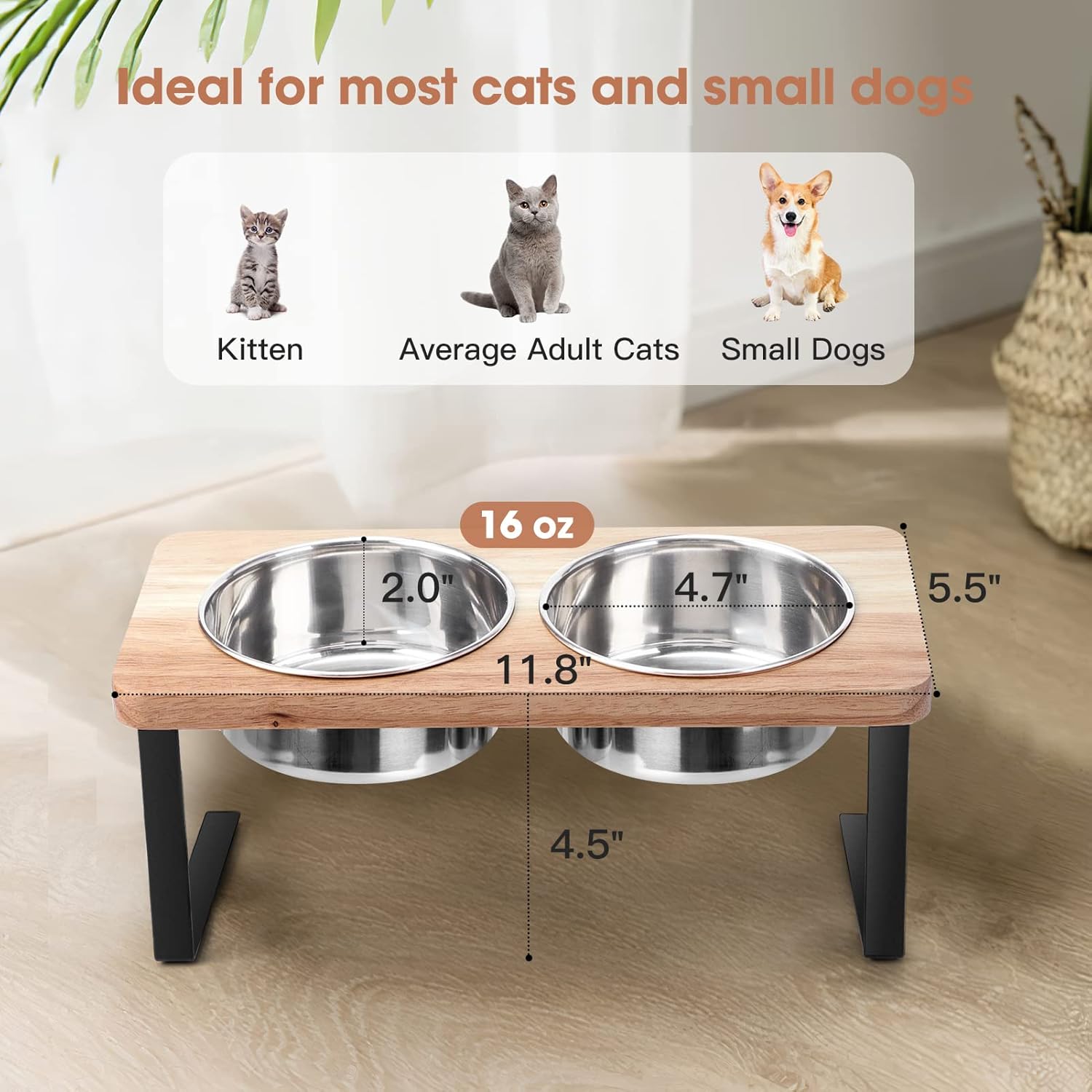 Cuencos elevados para gatos, inclinados 15°, cuencos de comida para gatos, cuencos de madera para mascotas con soporte antivómito, 2 cuencos de acero inoxidable para gatos y cachorros