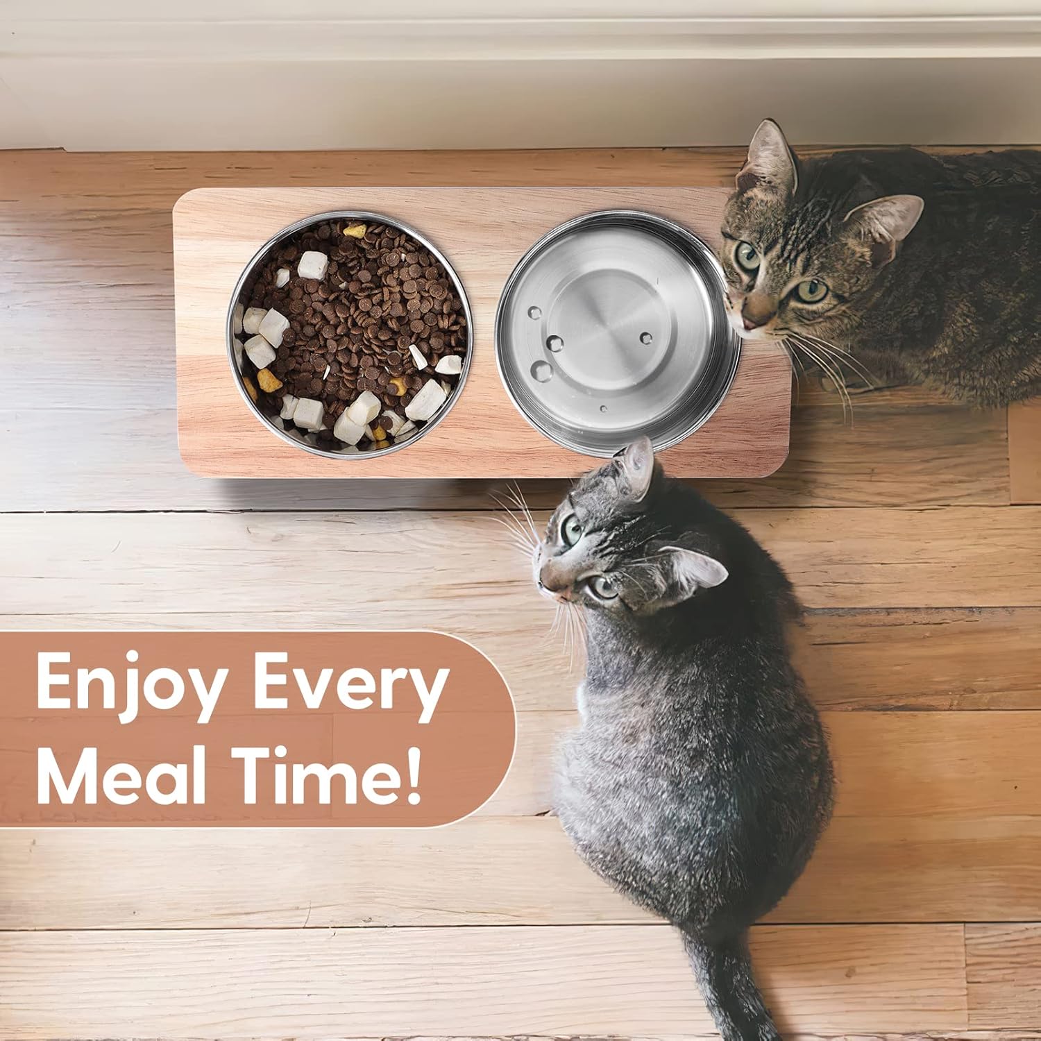 Cuencos elevados para gatos, inclinados 15°, cuencos de comida para gatos, cuencos de madera para mascotas con soporte antivómito, 2 cuencos de acero inoxidable para gatos y cachorros