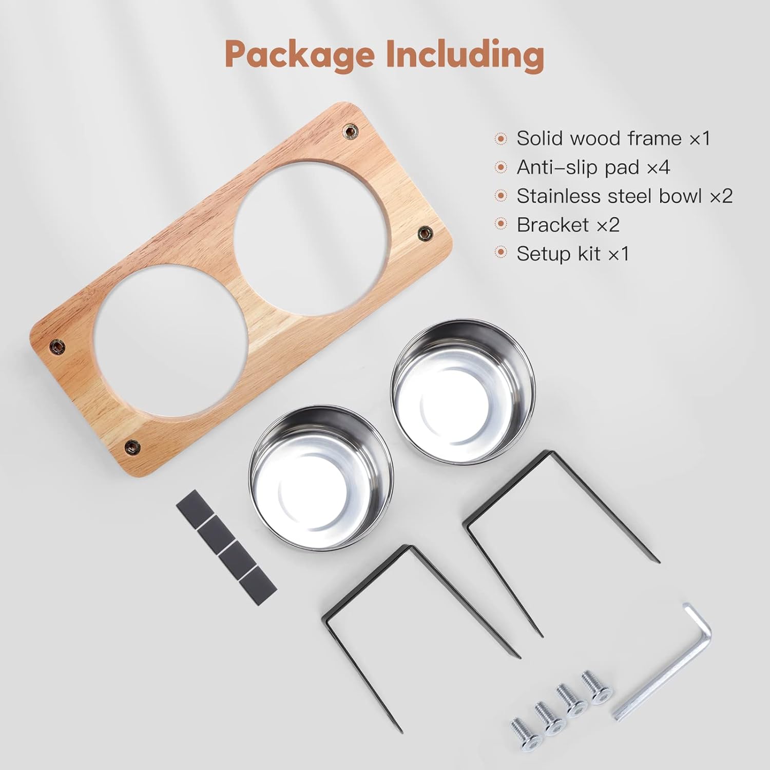 Cuencos elevados para gatos, inclinados 15°, cuencos de comida para gatos, cuencos de madera para mascotas con soporte antivómito, 2 cuencos de acero inoxidable para gatos y cachorros