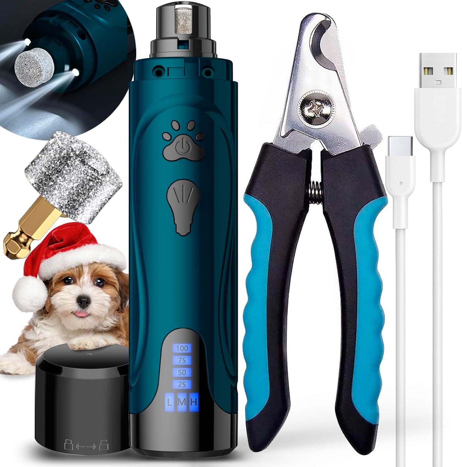 Dog Nail Grinder, Dog Nail Trimmers and Clippers Kit, Super Quiet Electric Pet Nail Grinder, Rechargeable, for Small Large Dogs  Cats Toenail amp; Claw Grooming,3 Speeds, 2 Grinding Wheels (A-Dark Blue) · v4