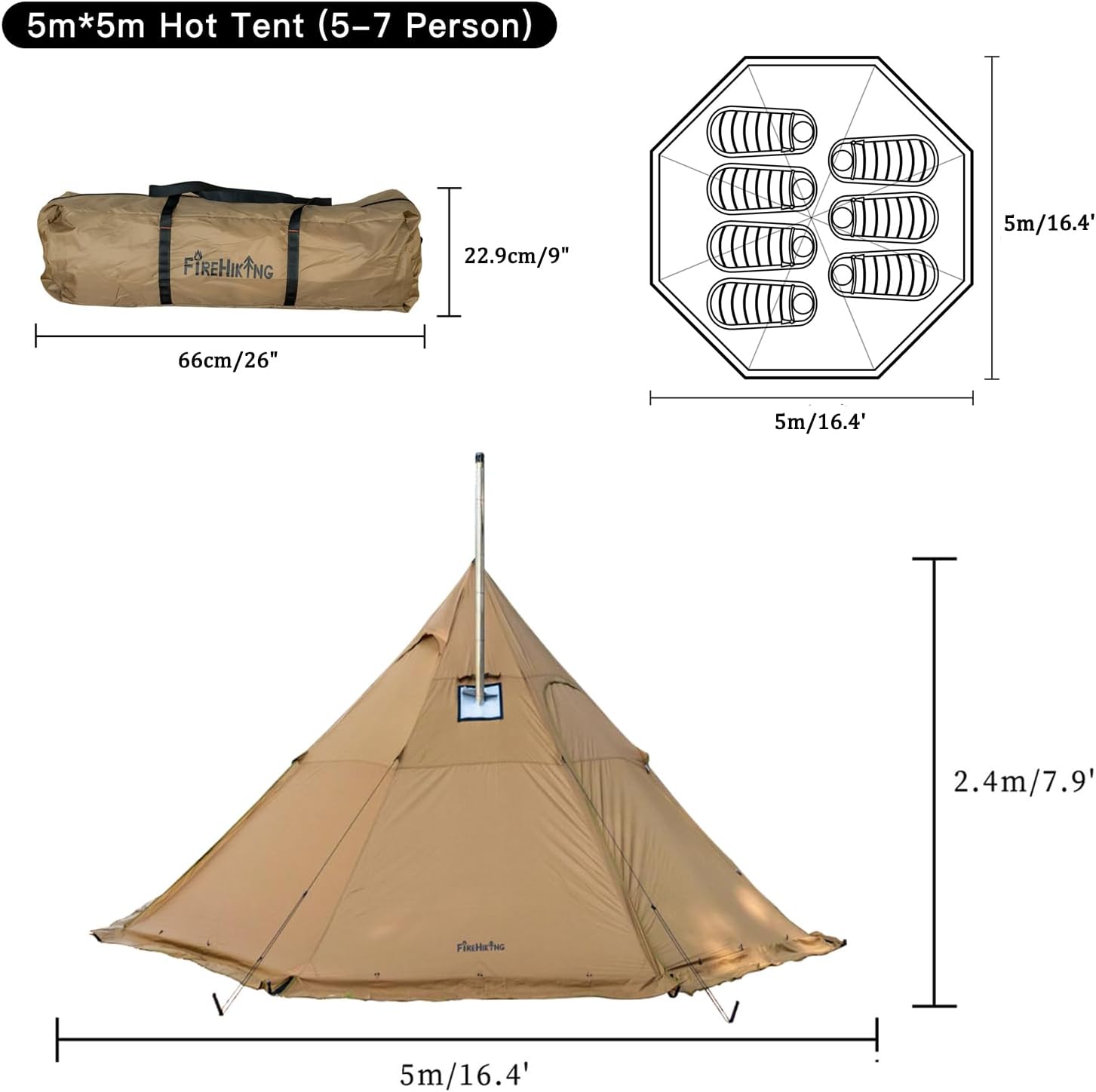 Tenda calda da campeggio FireHiking Tenda Tipi per 4-8 persone con fornello Jack per Bushcraft, cucina e riscaldamento