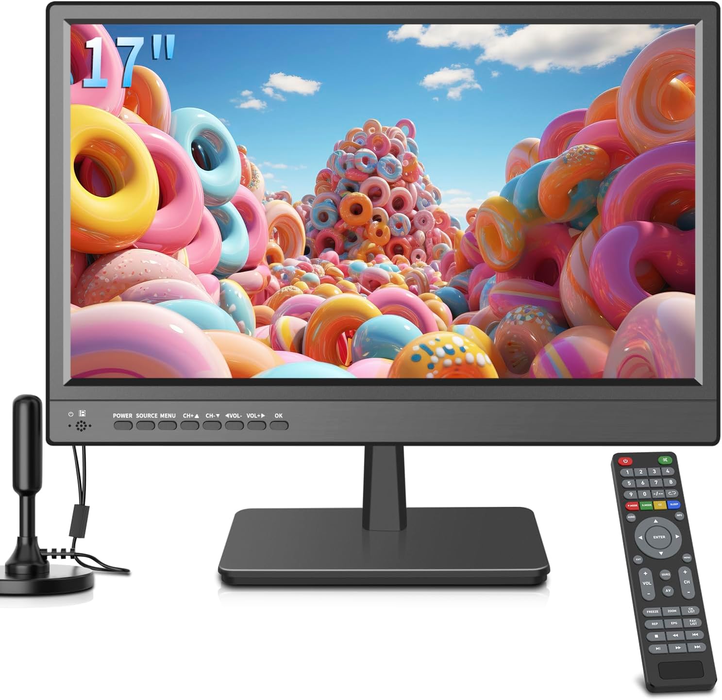 17 inch TV,Small Widescreen LED TV with Antenna,Digital ATSC Tuner-Free HD Local Channels,HDMI VGA USB Port,12 Volt Charger Cable/AC Power TV for Camping,Caravan and Kitchen · v2