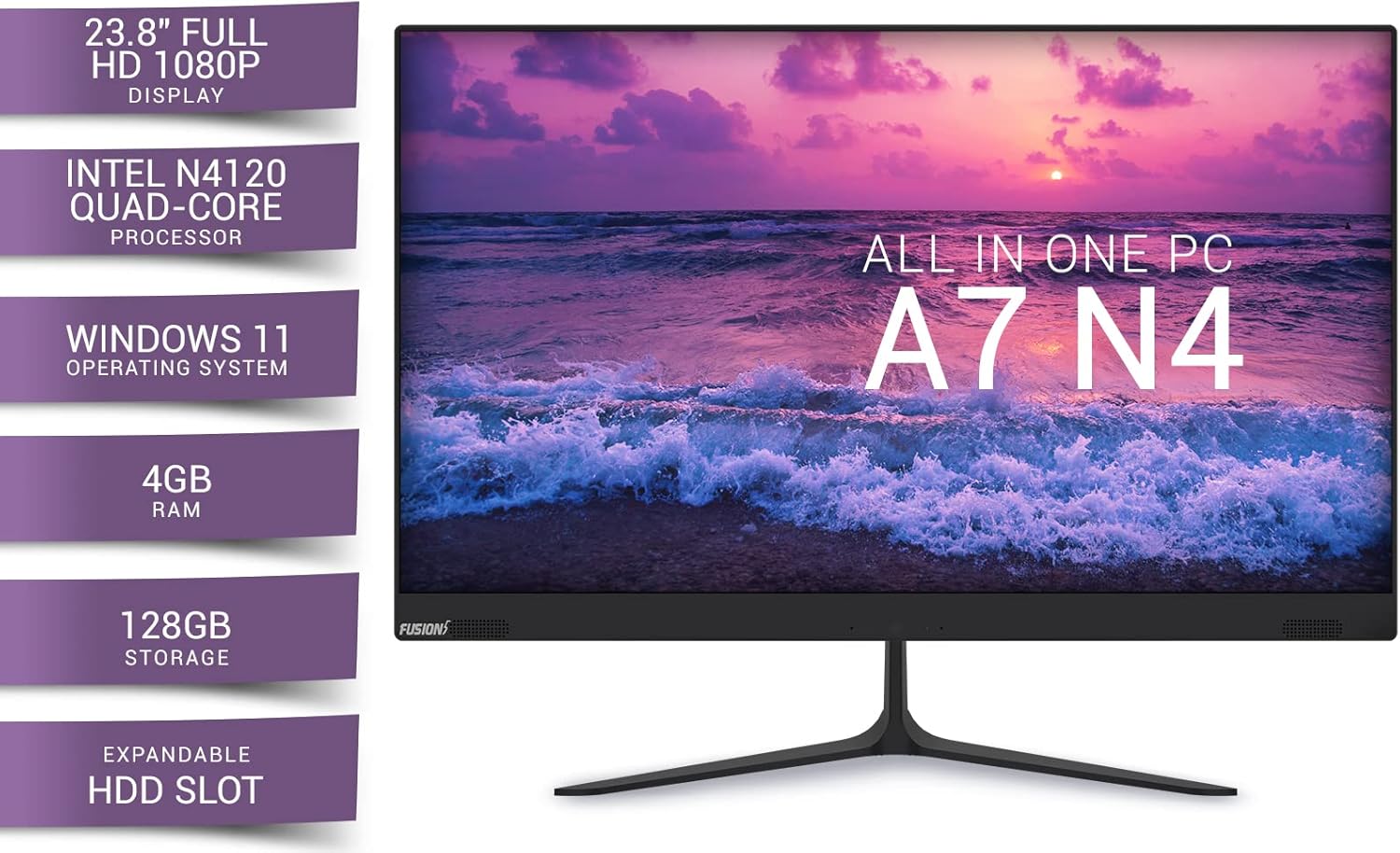 Fusion5 23.8 Full HD IPS All-in-One Desktop Computer with Windows 11 - Quad-Core, 4GB RAM, 128GB SSD, Dual-Band WiFi, Expandable HDD - AIO PC with Front Camera, Wireless Keyboard, Mouse · v6