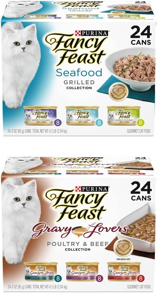 Purina Fancy Feast Gravy Wet Cat Food Variety Pack, Seafood Grilled and Gravy Lovers  Beef Feast Collection