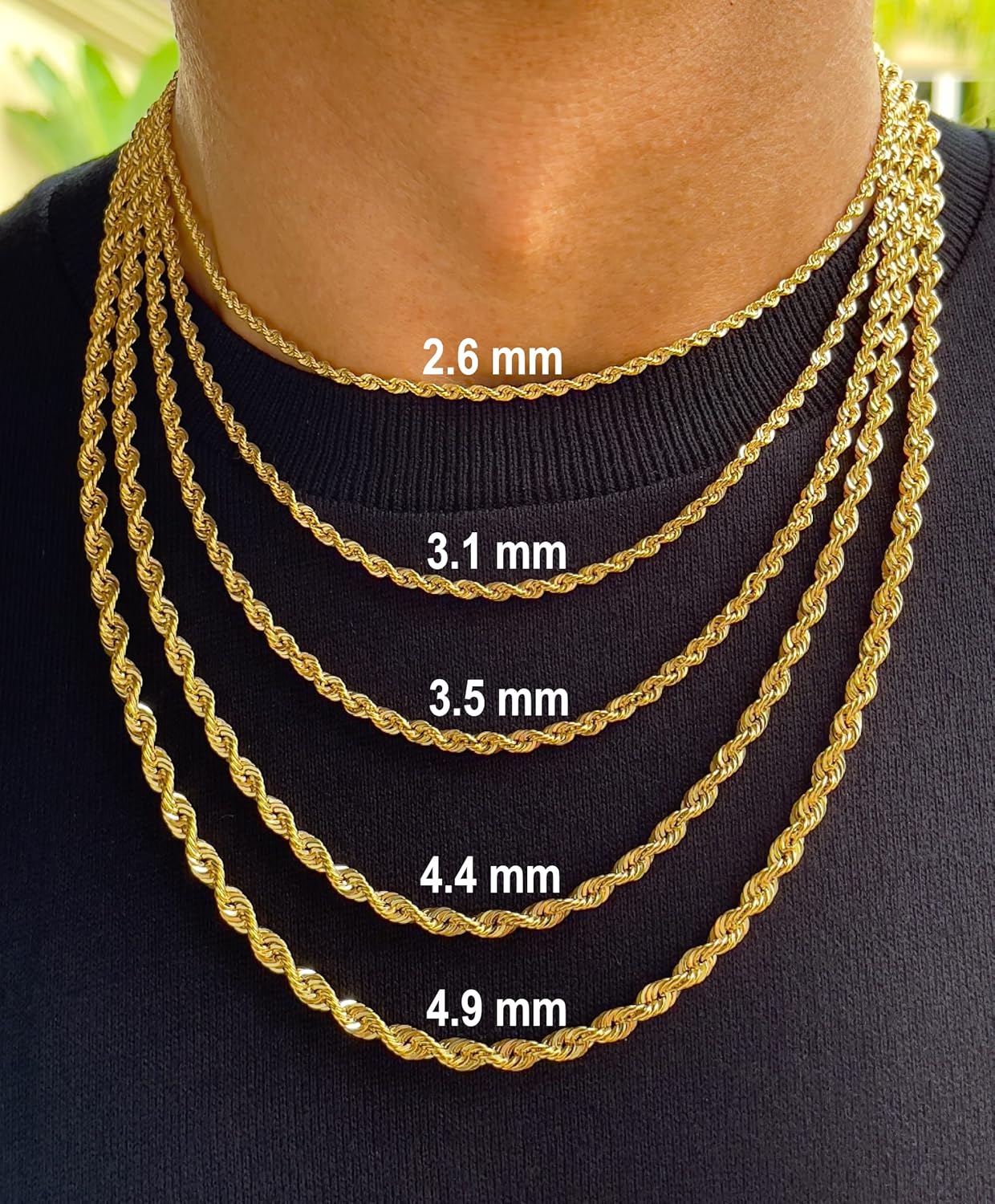 JEWELHEART สร้อยเชือกทองคำแท้ 14K และ 10K - 2.6 มม. 3.1 มม. 3.5 มม. 4.4 มม. 4.9 มม. สร้อยแบบบิดตัดเพชรสำหรับผู้ชาย - สร้อยคอจี้ทองคำเหลืองสวยงามสำหรับผู้หญิง 16 18\ 20\ 22\ 24\