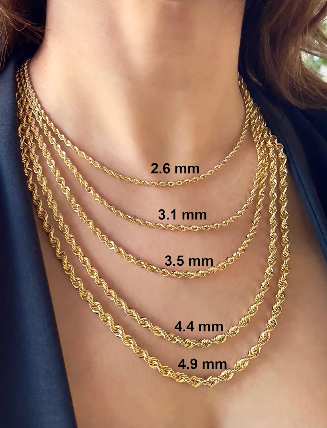 JEWELHEART สร้อยเชือกทองคำแท้ 14K และ 10K - 2.6 มม. 3.1 มม. 3.5 มม. 4.4 มม. 4.9 มม. สร้อยแบบบิดตัดเพชรสำหรับผู้ชาย - สร้อยคอจี้ทองคำเหลืองสวยงามสำหรับผู้หญิง 16 18\ 20\ 22\ 24\
