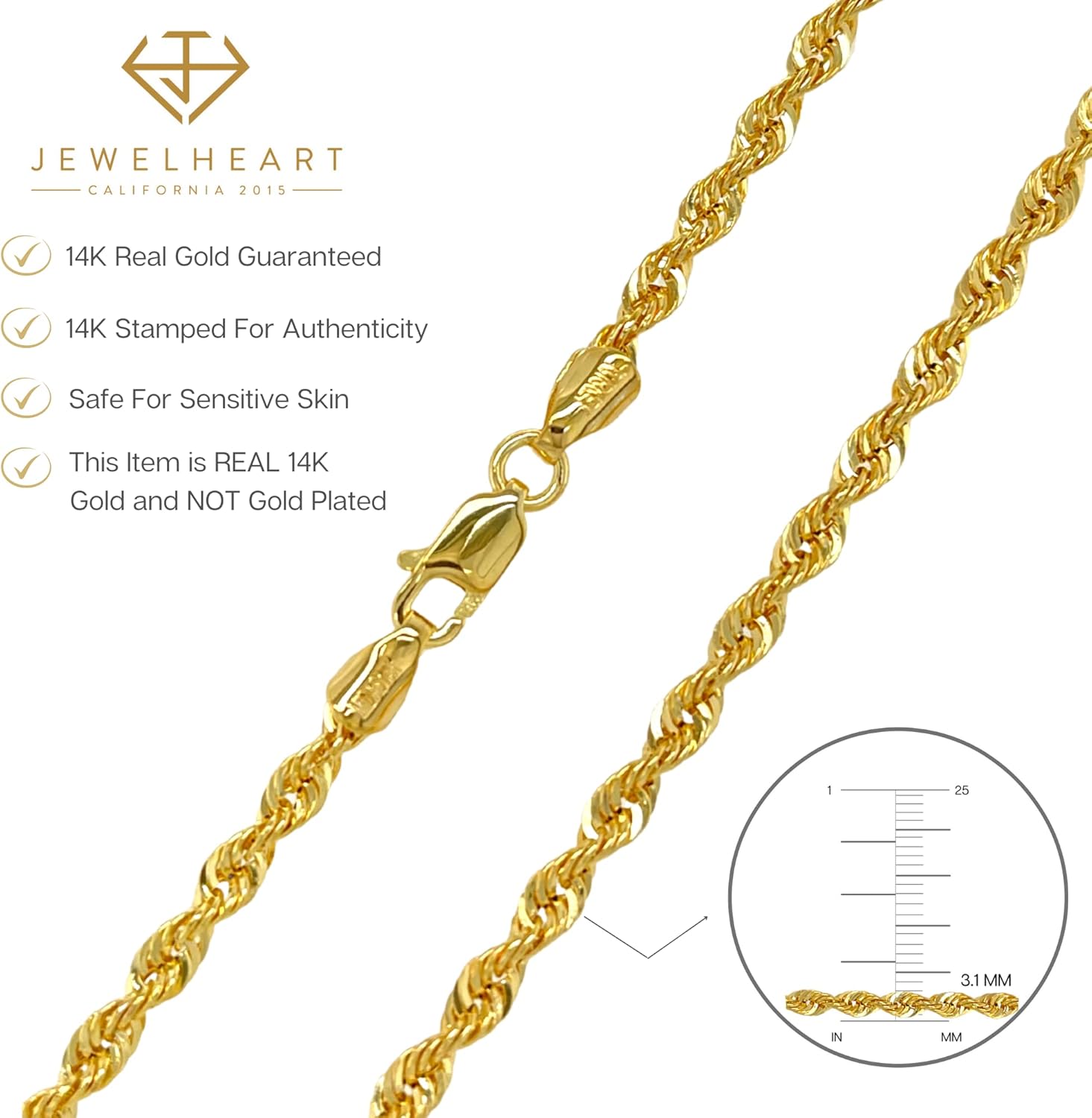 JEWELHEART สร้อยเชือกทองคำแท้ 14K และ 10K - 2.6 มม. 3.1 มม. 3.5 มม. 4.4 มม. 4.9 มม. สร้อยแบบบิดตัดเพชรสำหรับผู้ชาย - สร้อยคอจี้ทองคำเหลืองสวยงามสำหรับผู้หญิง 16 18\ 20\ 22\ 24\