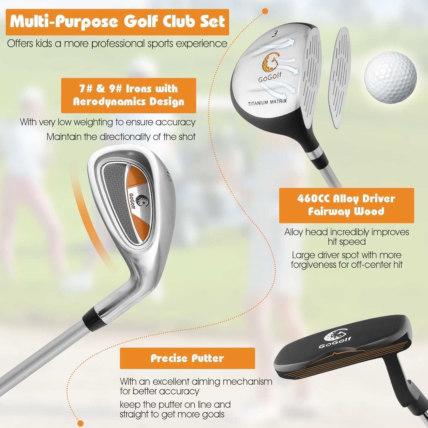 Junior Golf Clubs Set, Youth Golf Clubs w/Golf Stand Bag, 3# Fairway Wood, 7#  9# Irons, Putter amp; Head Cover, Kids Complete Golf Club Set for Boys Girls Toddlers · v3