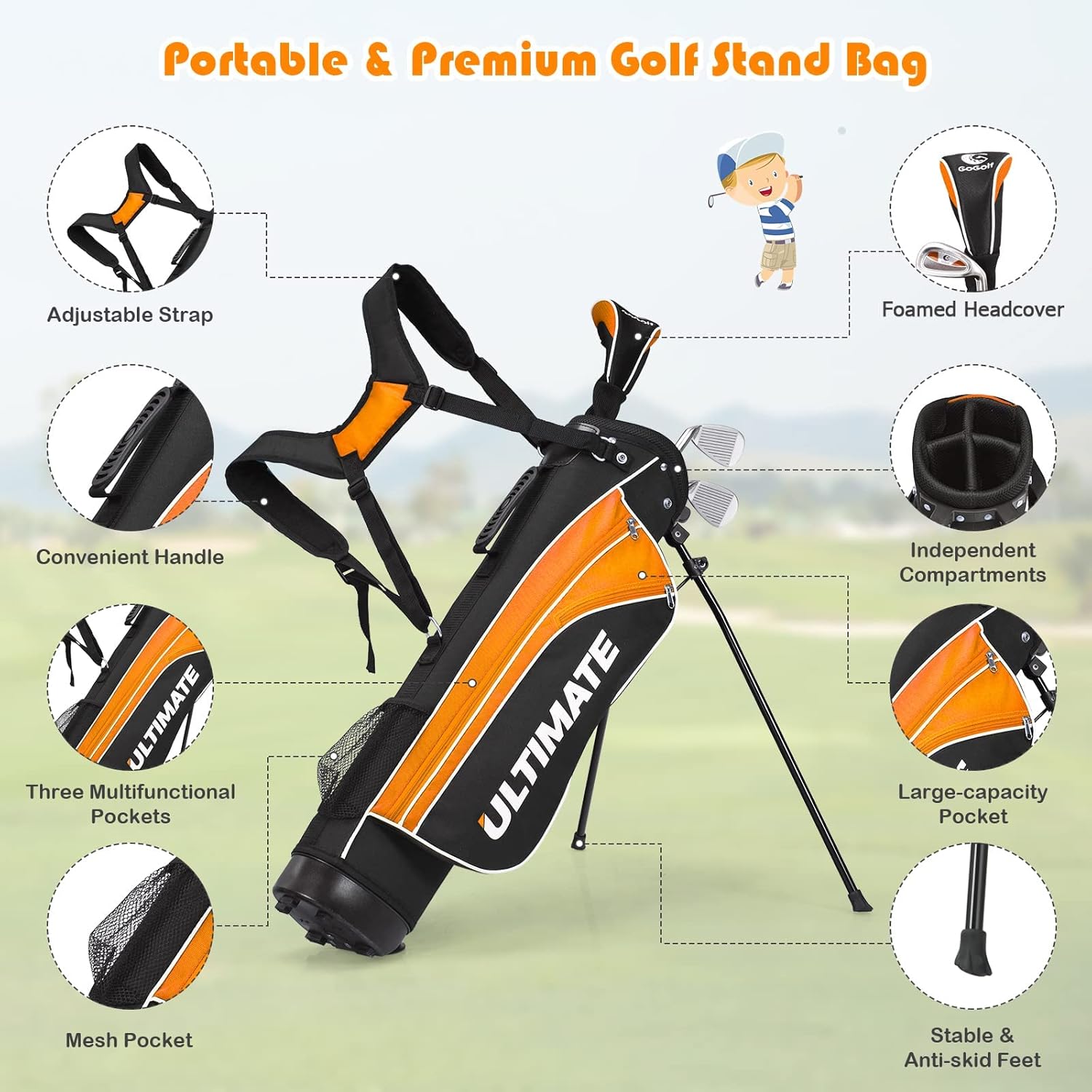 Junior Golf Clubs Set, Youth Golf Clubs w/Golf Stand Bag, 3# Fairway Wood, 7#  9# Irons, Putter amp; Head Cover, Kids Complete Golf Club Set for Boys Girls Toddlers · v3