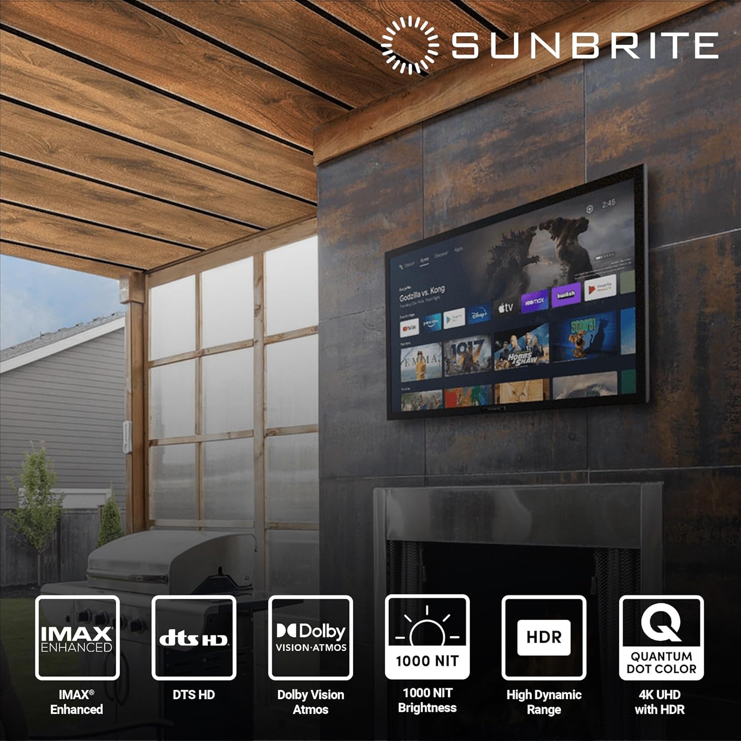Televisor inteligente SunBrite Veranda 3 de 65 pulgadas con pantalla completa para exteriores, televisor 4K Ultra HD HDR QLED resistente a la intemperie, pantalla ultrabrillante de 1000 nits con mando por voz para todo tipo de clima