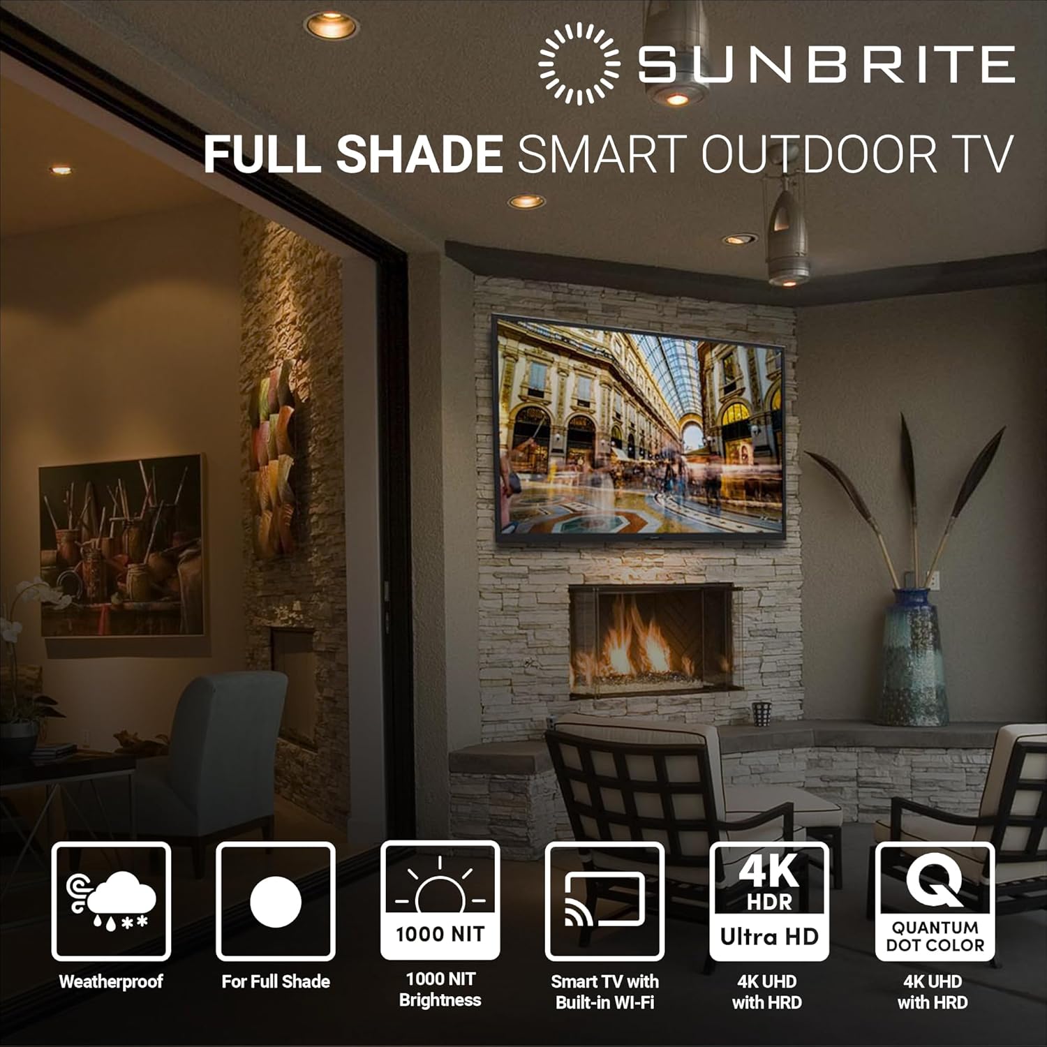 Televisor inteligente SunBrite Veranda 3 de 65 pulgadas con pantalla completa para exteriores, televisor 4K Ultra HD HDR QLED resistente a la intemperie, pantalla ultrabrillante de 1000 nits con mando por voz para todo tipo de clima