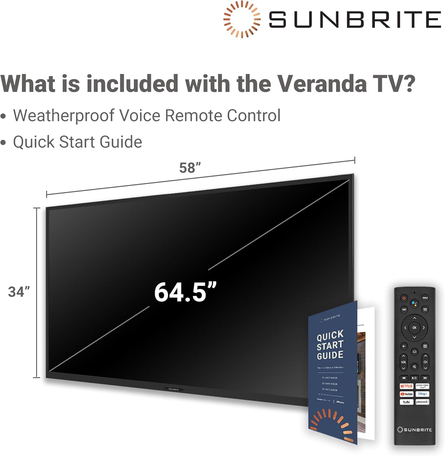 Televisor inteligente SunBrite Veranda 3 de 65 pulgadas con pantalla completa para exteriores, televisor 4K Ultra HD HDR QLED resistente a la intemperie, pantalla ultrabrillante de 1000 nits con mando por voz para todo tipo de clima