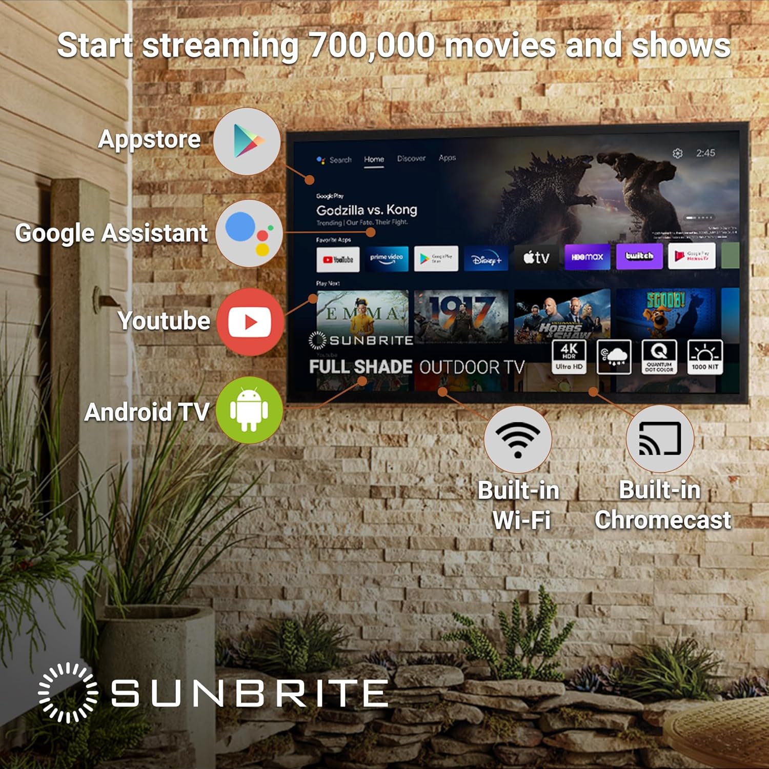 Televisor inteligente SunBrite Veranda 3 de 65 pulgadas con pantalla completa para exteriores, televisor 4K Ultra HD HDR QLED resistente a la intemperie, pantalla ultrabrillante de 1000 nits con mando por voz para todo tipo de clima