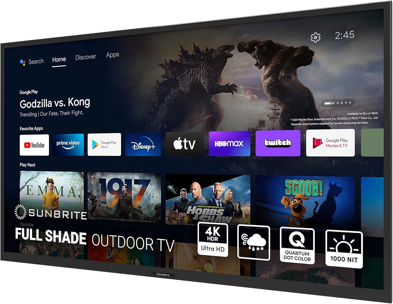 Televisor inteligente SunBrite Veranda 3 de 65 pulgadas con pantalla completa para exteriores, televisor 4K Ultra HD HDR QLED resistente a la intemperie, pantalla ultrabrillante de 1000 nits con mando por voz para todo tipo de clima