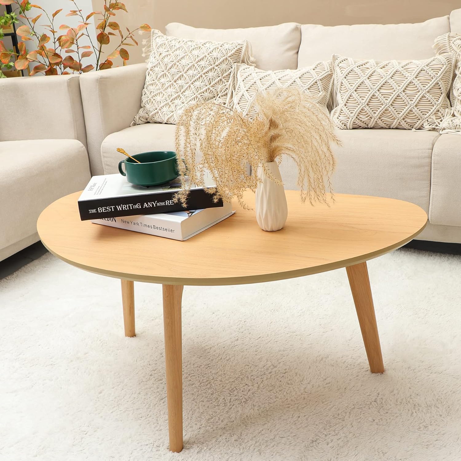 Small Oval Coffee Table Mid Century Modern for Living Room Center Minimalist Display Coffe Table,Nature Wood,18.9 D x 33.47" W 15.75" H · v2