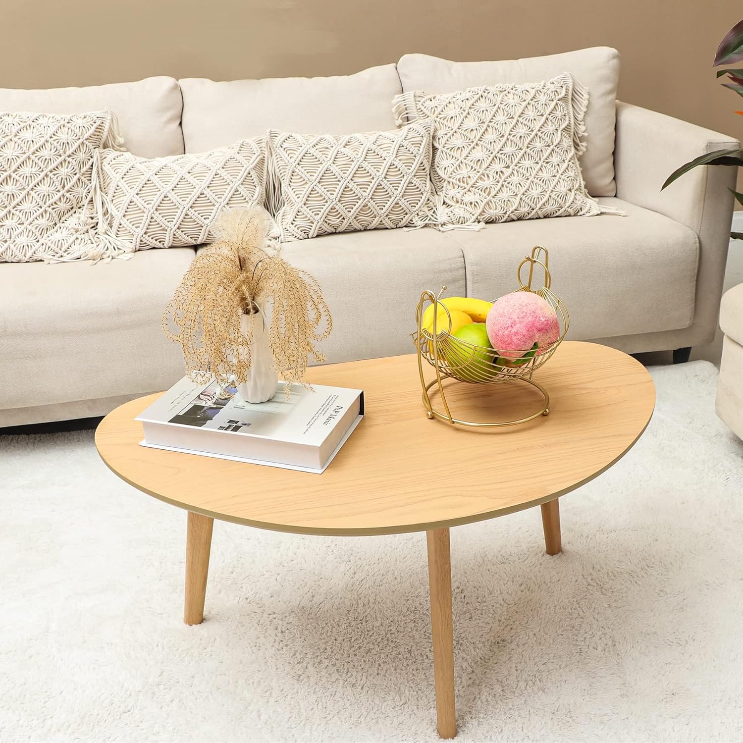 Small Oval Coffee Table Mid Century Modern for Living Room Center Minimalist Display Coffe Table,Nature Wood,18.9 D x 33.47" W 15.75" H · v2