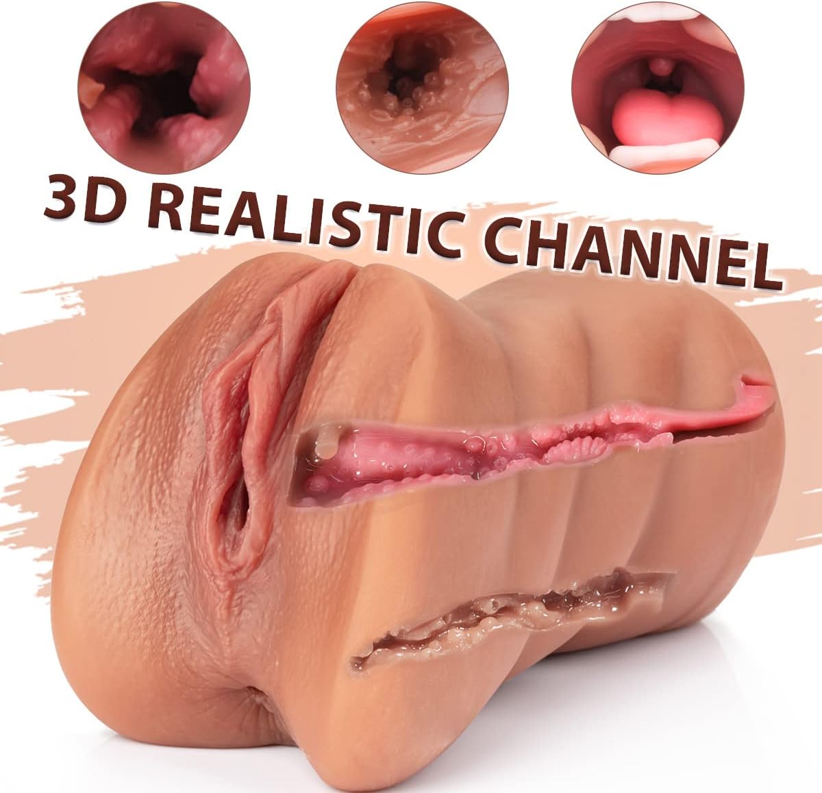 Masturbatori maschili tascabili 3 in 1 con viso realistico, sex doll con bocca ruvida realistica, vagina e ano stretto, masturbatore maschile, strofinacci per gola profonda, giocattoli sessuali orali per adulti per uomini (marrone)