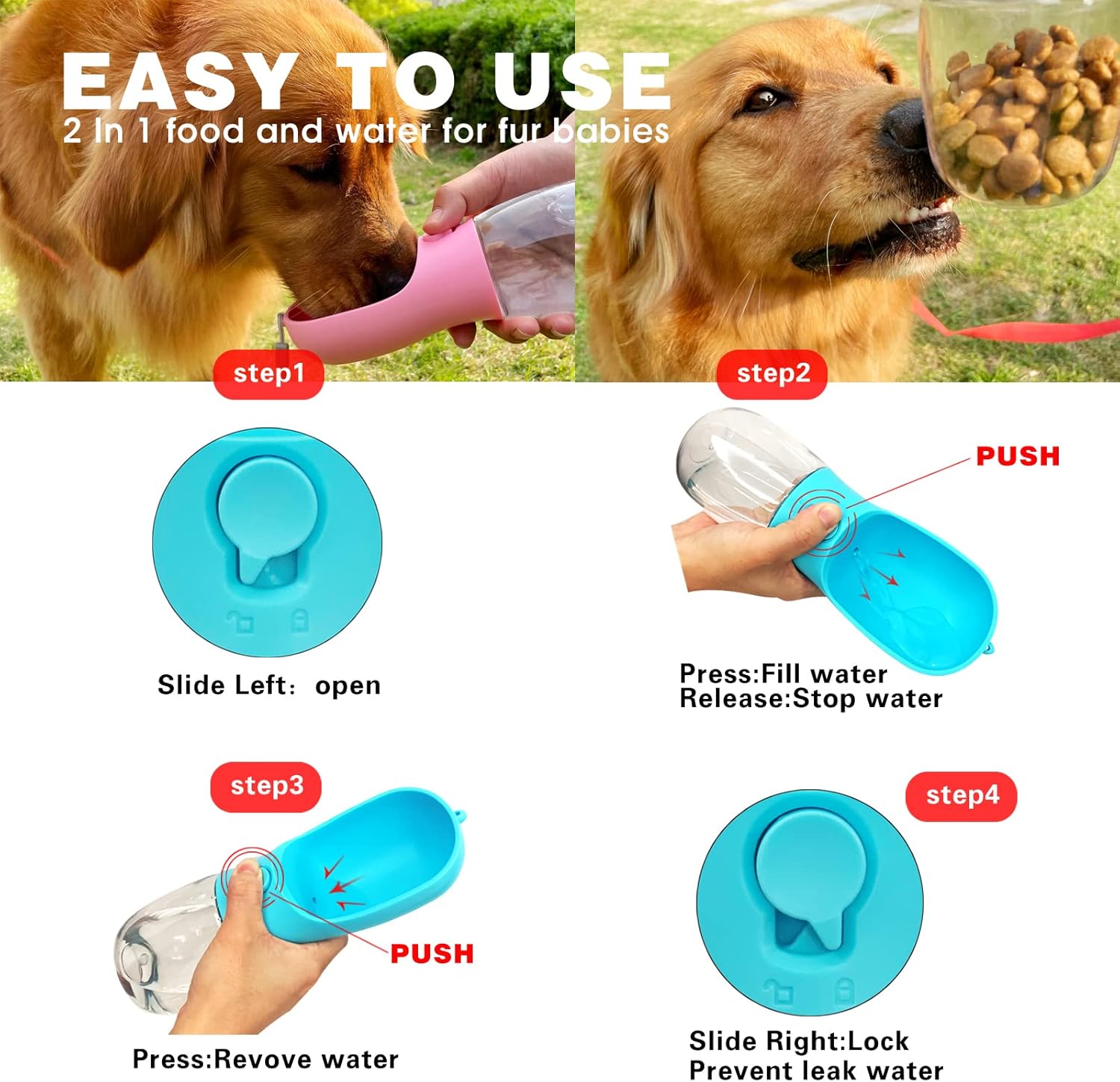 Hunde-Trinkflasche, tragbare Haustier-Trinkflasche mit Futterbehälter, tragbarer Wasserspender für den Außenbereich für Katzen, Welpen, Haustiere zum Spazierengehen, Wandern, Reisen, Welpenbedarf, Hundezeug (10 Unzen)