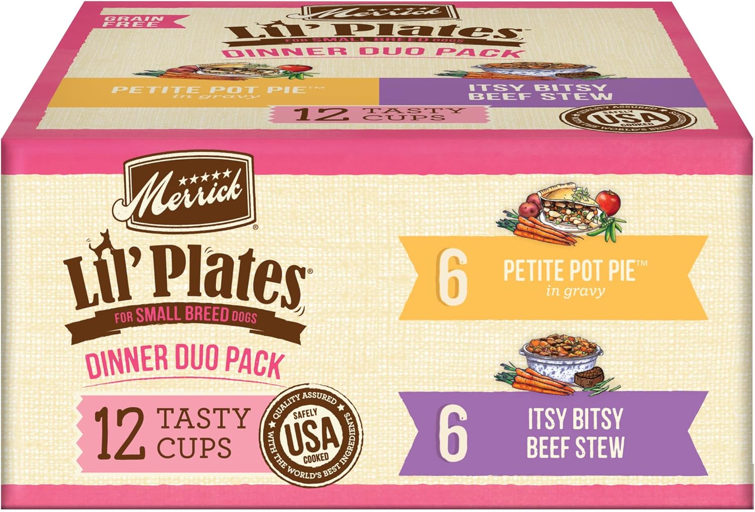 Comida para perros pequeños Merrick Lil' Plates, sin cereales, suave, natural y húmeda, paquete variado, ternera y pollo (paquete de 1) tarrinas de 2.6 libras