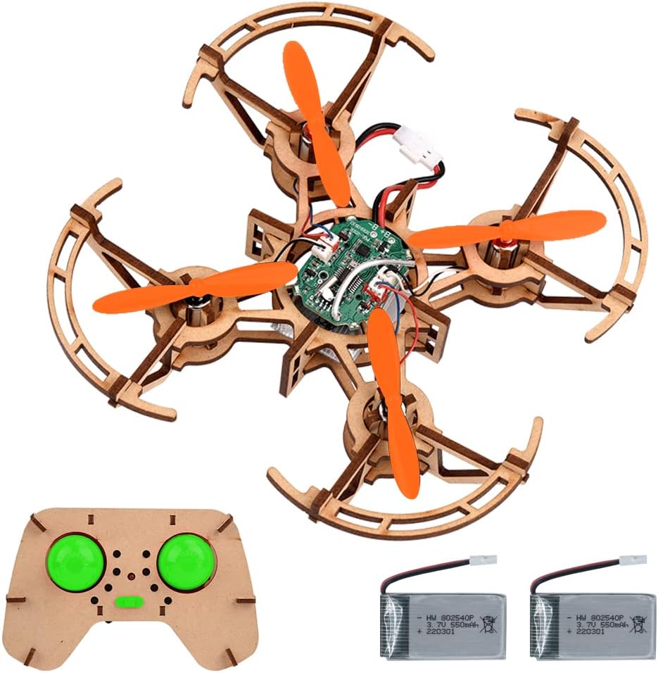 Kit di costruzione di mini droni in legno e quadricotteri RC fai-da-te per bambini o principianti, kit di scienze educative scolastiche con telecomando per ragazzi e ragazze e adolescenti (5-7, 5-9, 8-12, 10 anni) gkfescc XYQ-2