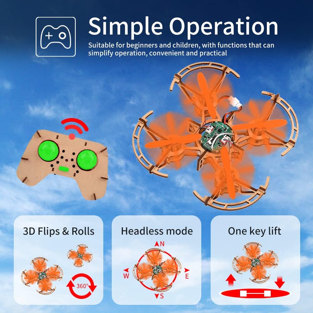 Kit di costruzione di mini droni in legno e quadricotteri RC fai-da-te per bambini o principianti, kit di scienze educative scolastiche con telecomando per ragazzi e ragazze e adolescenti (5-7, 5-9, 8-12, 10 anni) gkfescc XYQ-2
