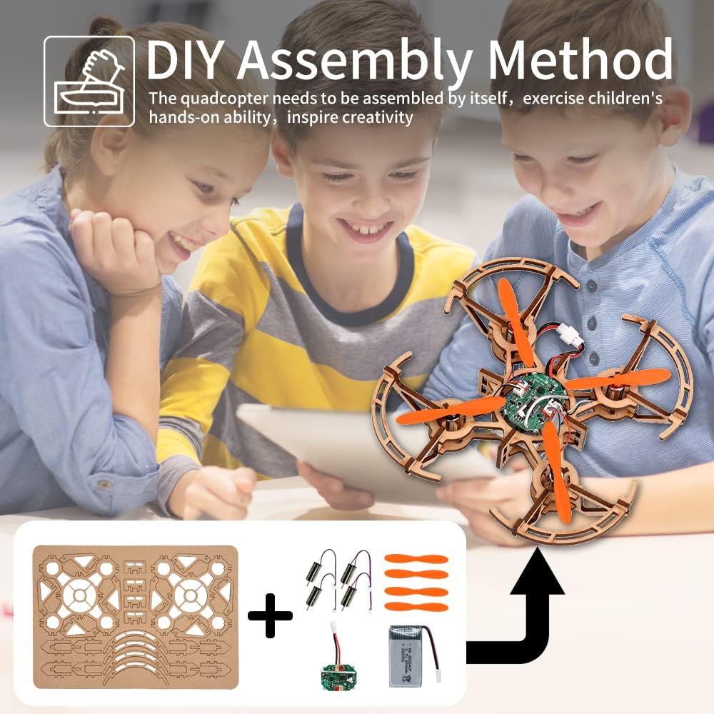 Kit di costruzione di mini droni in legno e quadricotteri RC fai-da-te per bambini o principianti, kit di scienze educative scolastiche con telecomando per ragazzi e ragazze e adolescenti (5-7, 5-9, 8-12, 10 anni) gkfescc XYQ-2