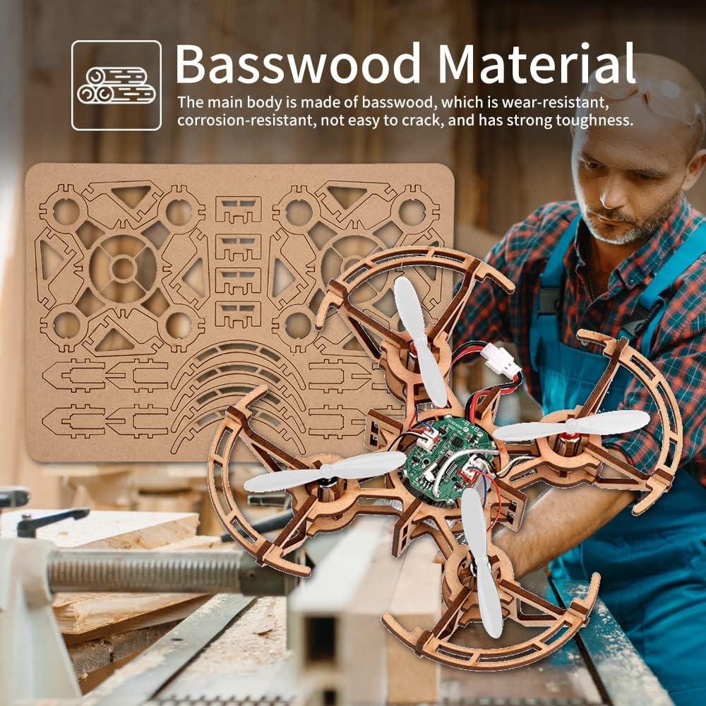Kit di costruzione di mini droni in legno e quadricotteri RC fai-da-te per bambini o principianti, kit di scienze educative scolastiche con telecomando per ragazzi e ragazze e adolescenti (5-7, 5-9, 8-12, 10 anni) gkfescc XYQ-2