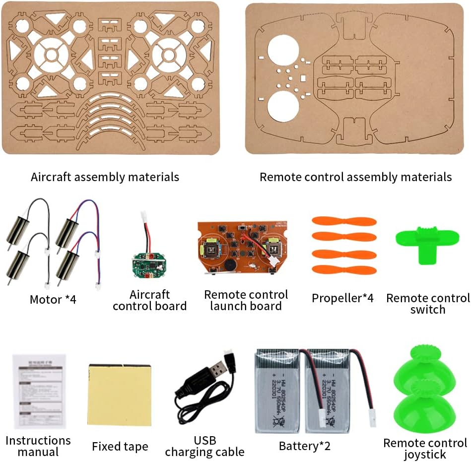 Kit di costruzione di mini droni in legno e quadricotteri RC fai-da-te per bambini o principianti, kit di scienze educative scolastiche con telecomando per ragazzi e ragazze e adolescenti (5-7, 5-9, 8-12, 10 anni) gkfescc XYQ-2