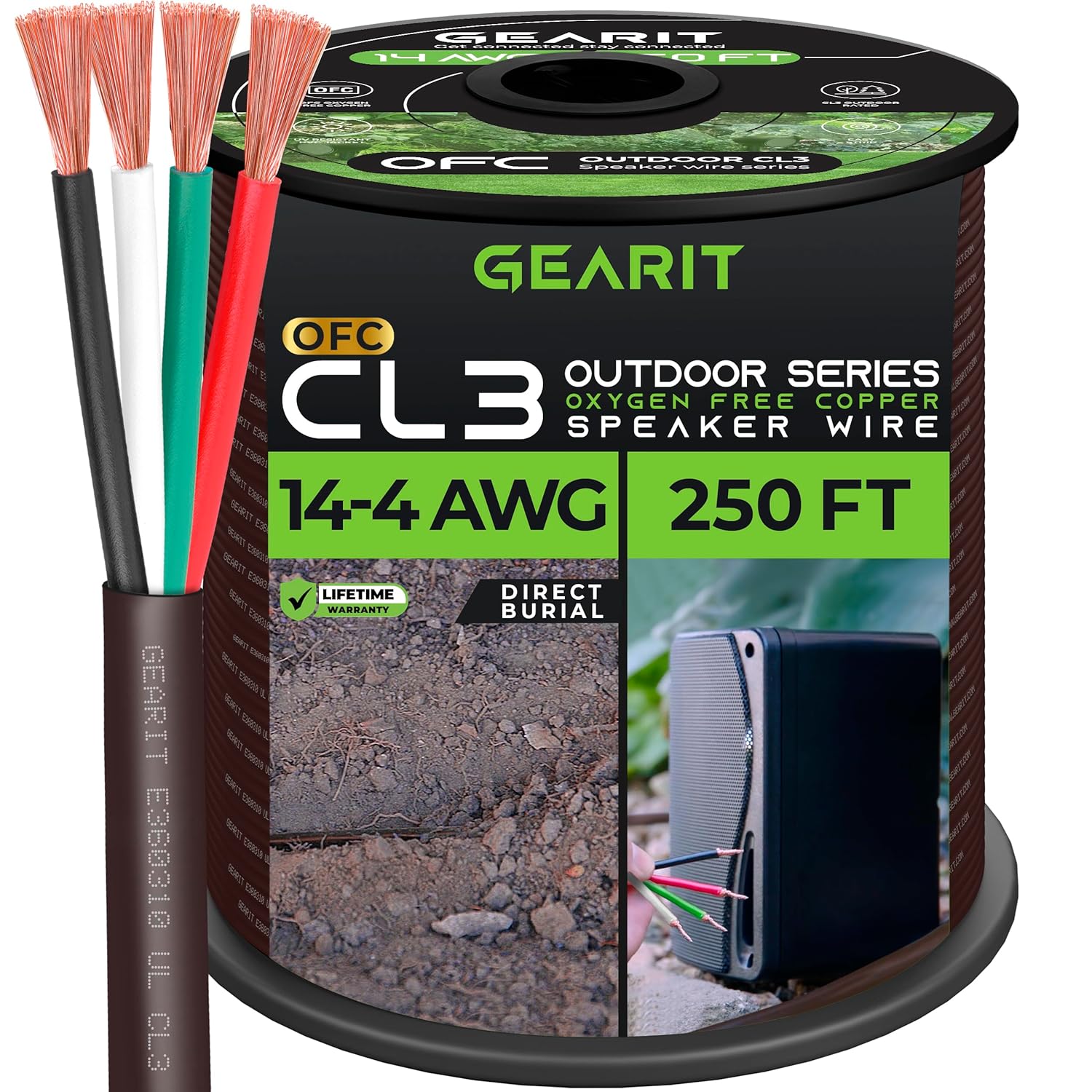 Kabel Speaker GearIT 14/4 (250 Kaki) Ukuran 14AWG, Cokelat 4 Konduktor/Penguburan Langsung Luar Ruangan di Tanah/di Dinding / Nilai CL3 CL2 - Tembaga Bebas Oksigen OFC, Cokelat 250 kaki