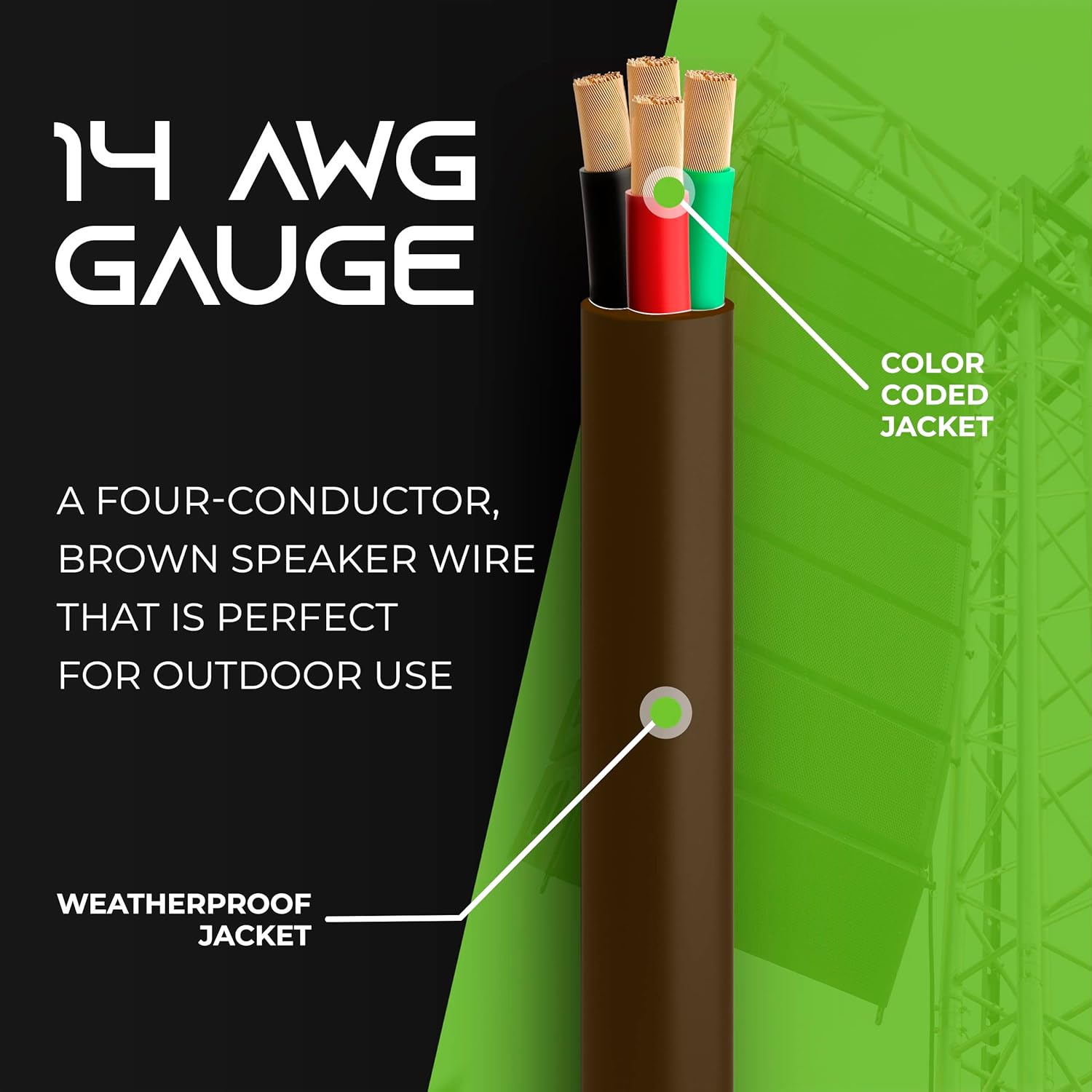 GearIT 14/4 Speaker Wire (250 Feet) 14AWG Gauge, Brown 4-Conductors/Outdoor Direct Burial in Ground/in Wall / CL3 CL2 Rated - OFC Oxygen-Free Copper, Brown 250ft · v6
