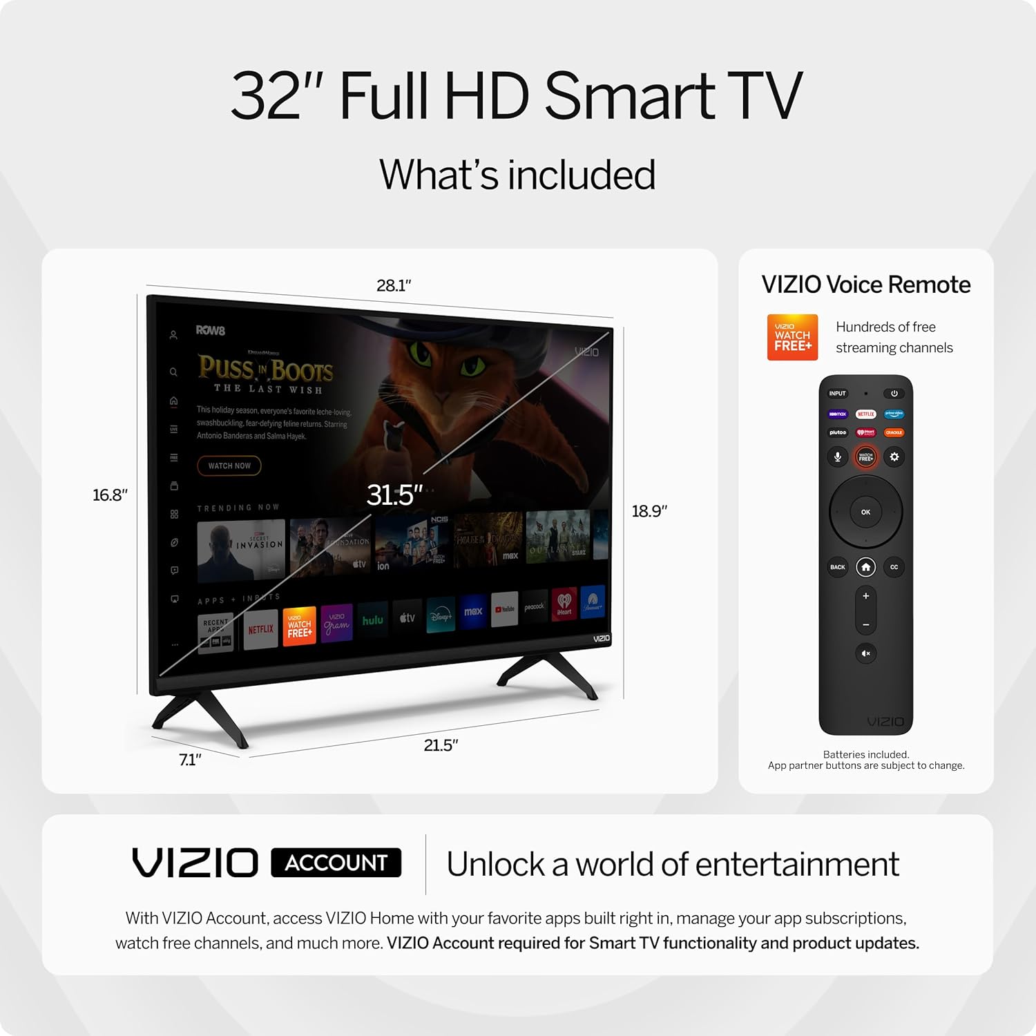 VIZIO 32-calowy telewizor Smart TV Full HD 1080p z wbudowanym Apple AirPlay i Chromecastem, kompatybilność z Alexa, D32FM-K01, model 2023