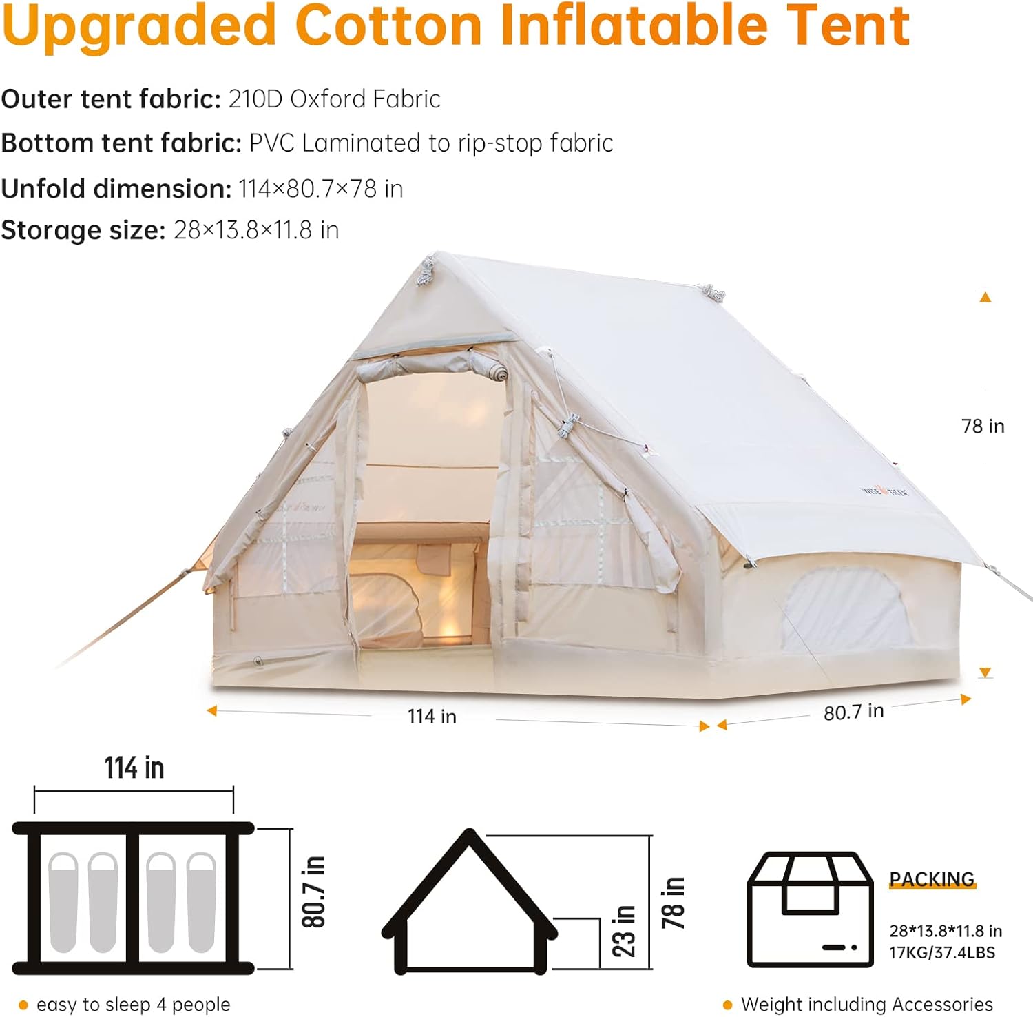 Tenda da campeggio gonfiabile con pompa, tende glamping, tenda gonfiabile per esterni impermeabile e antivento per 4 stagioni di facile installazione, tenda da cabina di lusso con porte finestre in rete
