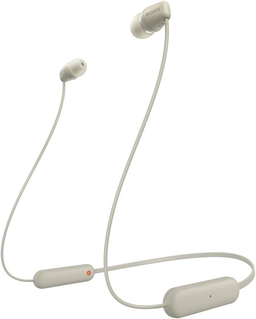 Écouteurs sans fil Sony Wi-C100, compatibles Bluetooth, 25 heures d'autonomie, IPX4 résistant aux éclaboussures, DSEE, beige, WI-FI C100 CZ Small