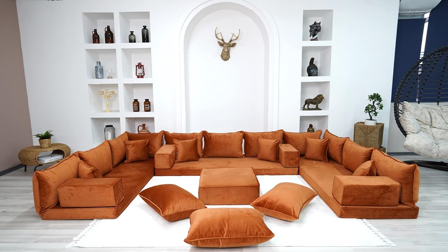 Velvet Fabric Sofa, Amber Color U Shaped Floor Seating Sofas, Moroccan Livingroom Furniture, Sectional Sofas, Arabic Seating, Velvet Couch (U Sofa   Ottoman   Pillows) · v2