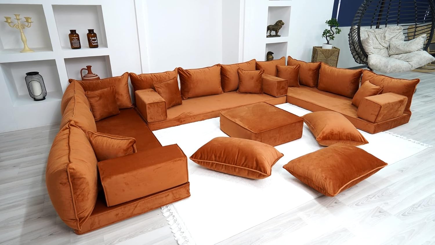 Velvet Fabric Sofa, Amber Color U Shaped Floor Seating Sofas, Moroccan Livingroom Furniture, Sectional Sofas, Arabic Seating, Velvet Couch (U Sofa Ottoman Pillows) · v2
