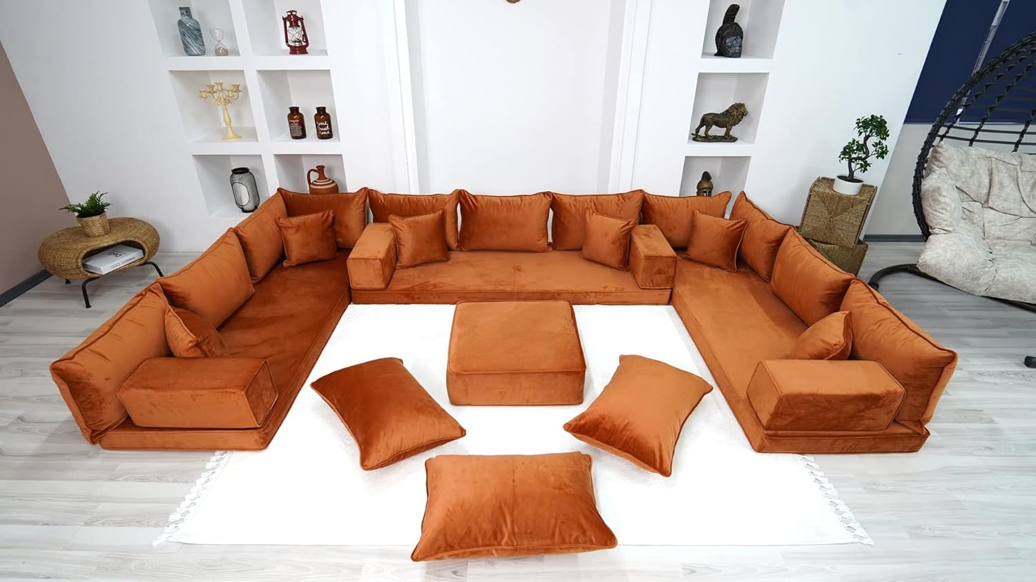 Velvet Fabric Sofa, Amber Color U Shaped Floor Seating Sofas, Moroccan Livingroom Furniture, Sectional Sofas, Arabic Seating, Velvet Couch (U Sofa Ottoman Pillows) · v2