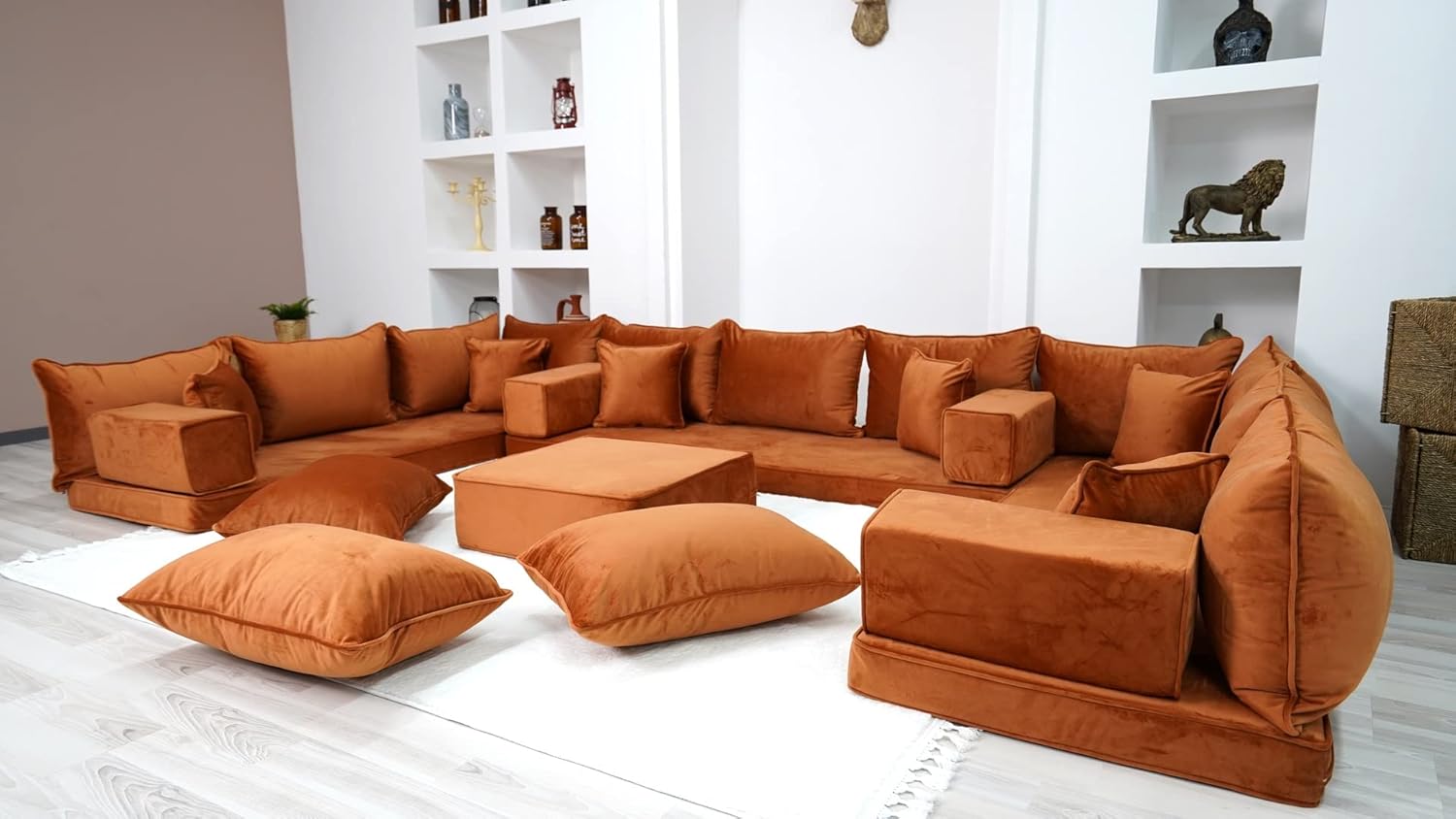 Velvet Fabric Sofa, Amber Color U Shaped Floor Seating Sofas, Moroccan Livingroom Furniture, Sectional Sofas, Arabic Seating, Velvet Couch (U Sofa Ottoman Pillows) · v2