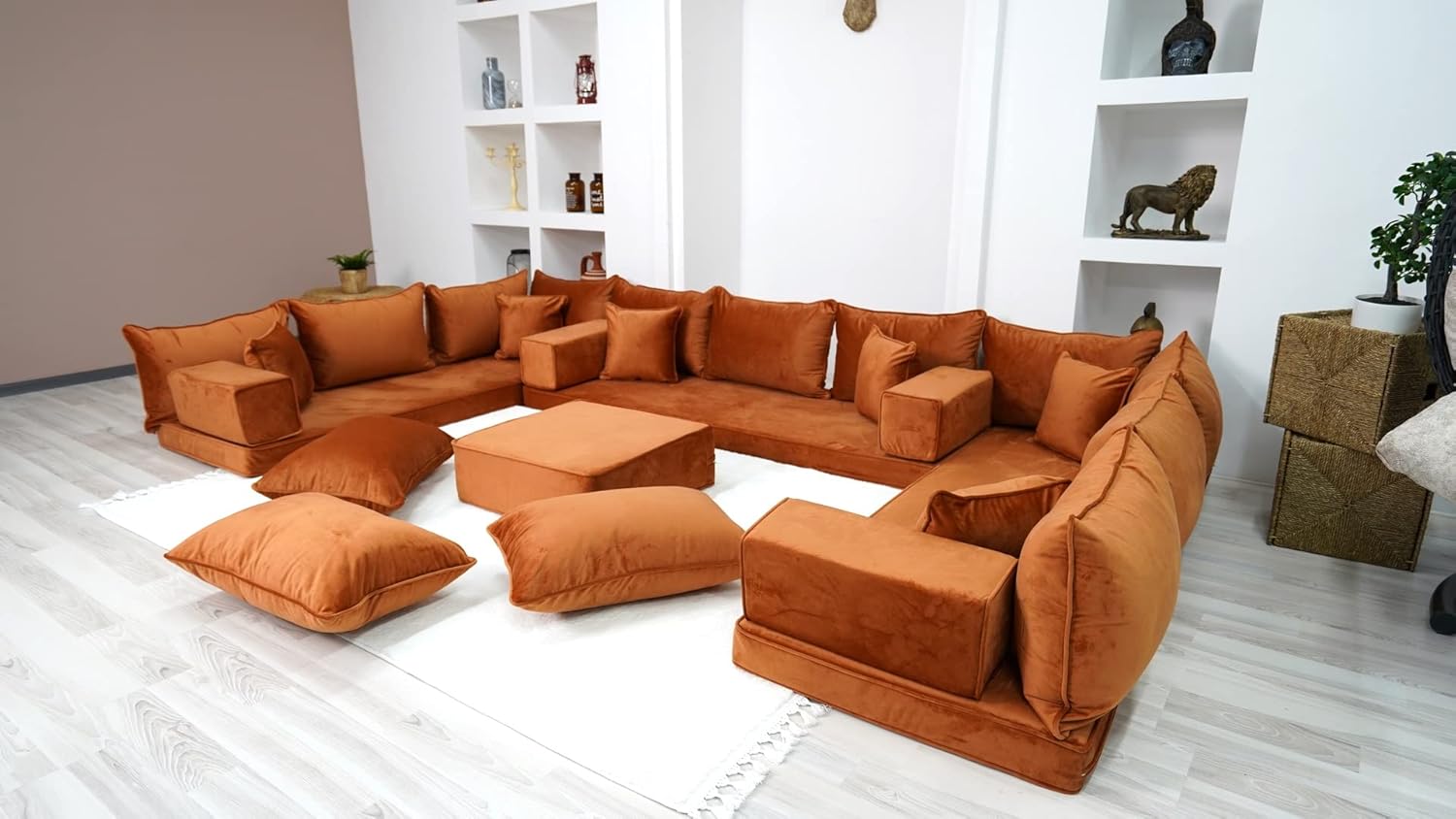 Velvet Fabric Sofa, Amber Color U Shaped Floor Seating Sofas, Moroccan Livingroom Furniture, Sectional Sofas, Arabic Seating, Velvet Couch (U Sofa Ottoman Pillows) · v2