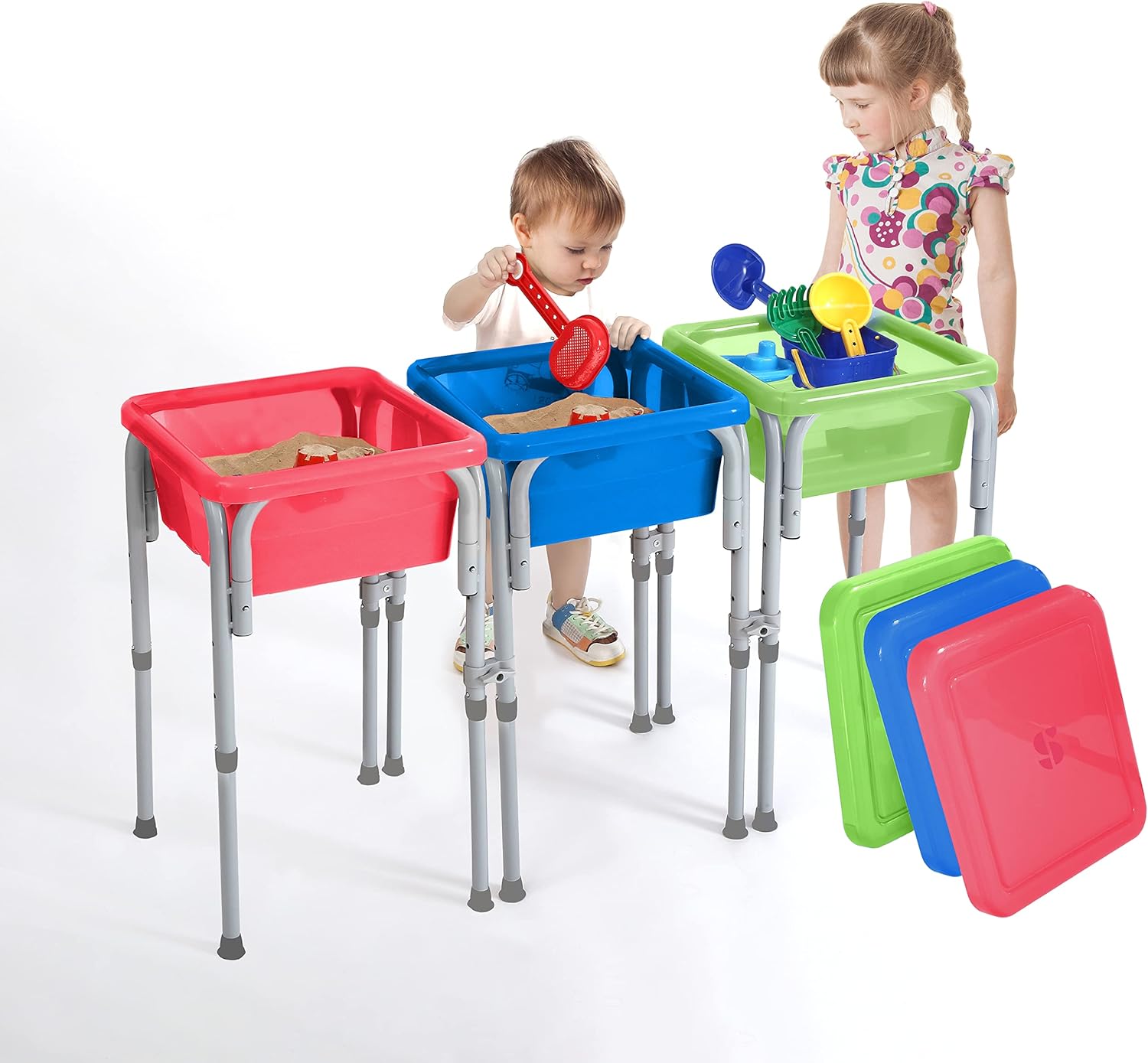 Special Supplies Tavolo per attività sensoriali per bambini e neonati con 3 secchi di plastica, telaio facile da costruire e 7 giocattoli da spiaggia per giochi interattivi e pratici con acqua, sabbia e giochi STEM