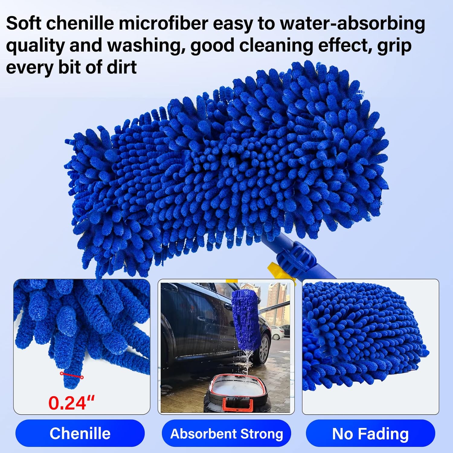 ITTAR Car Wash Brush with 61 Long Handle, 2 Pads Chenille Microfiber Truck Washer Mop, Camper Cleaner Brush with Telescopic Stainless Steel Pole, Car Cleaning Supplies for RV, SUV, Automotive · v2