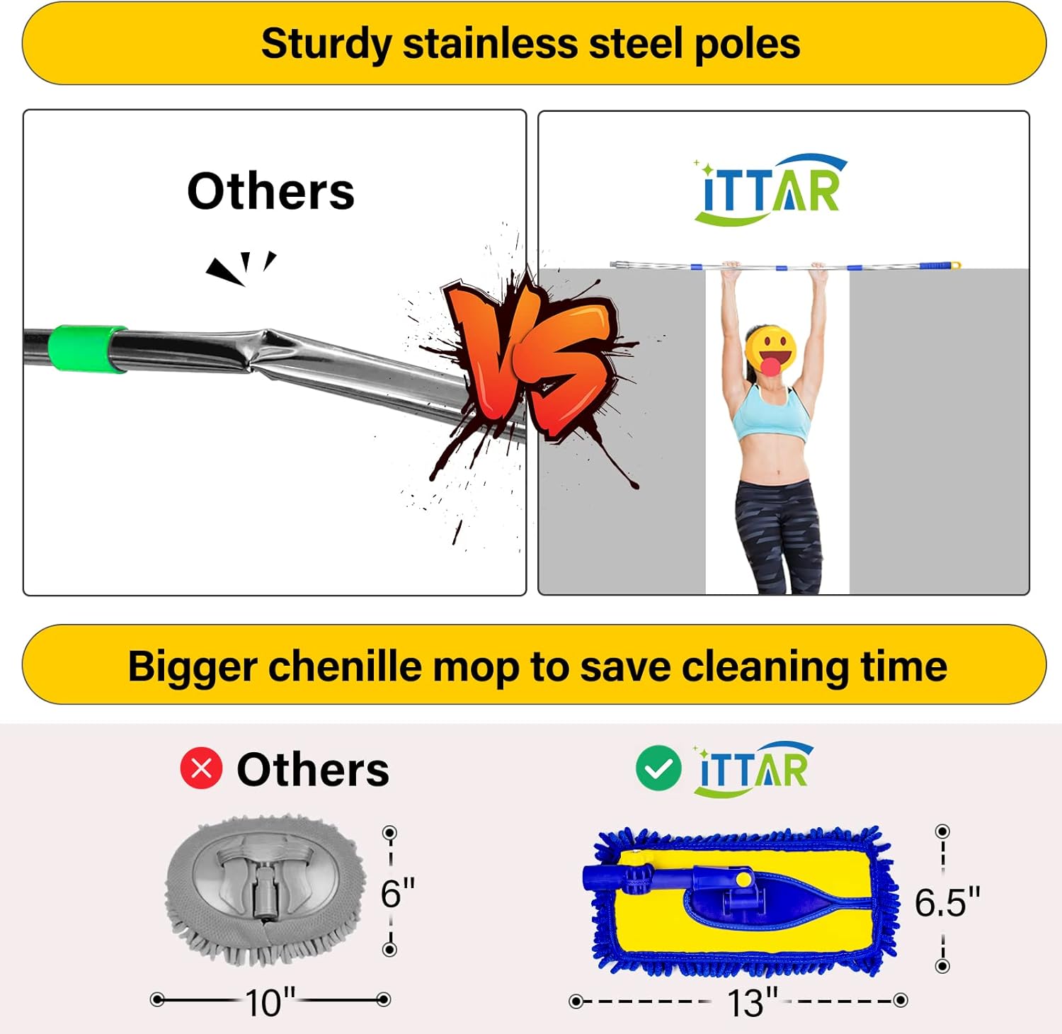 ITTAR Car Wash Brush with 61 Long Handle, 2 Pads Chenille Microfiber Truck Washer Mop, Camper Cleaner Brush with Telescopic Stainless Steel Pole, Car Cleaning Supplies for RV, SUV, Automotive · v2
