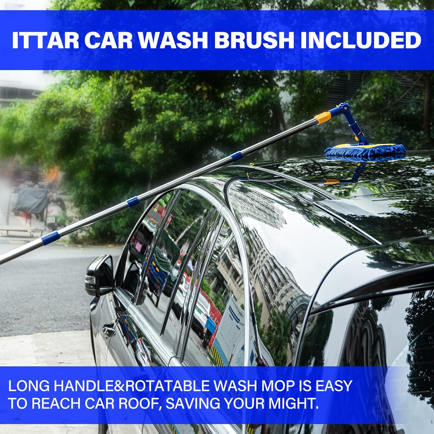 ITTAR Car Wash Brush with 61 Long Handle, 2 Pads Chenille Microfiber Truck Washer Mop, Camper Cleaner Brush with Telescopic Stainless Steel Pole, Car Cleaning Supplies for RV, SUV, Automotive · v2