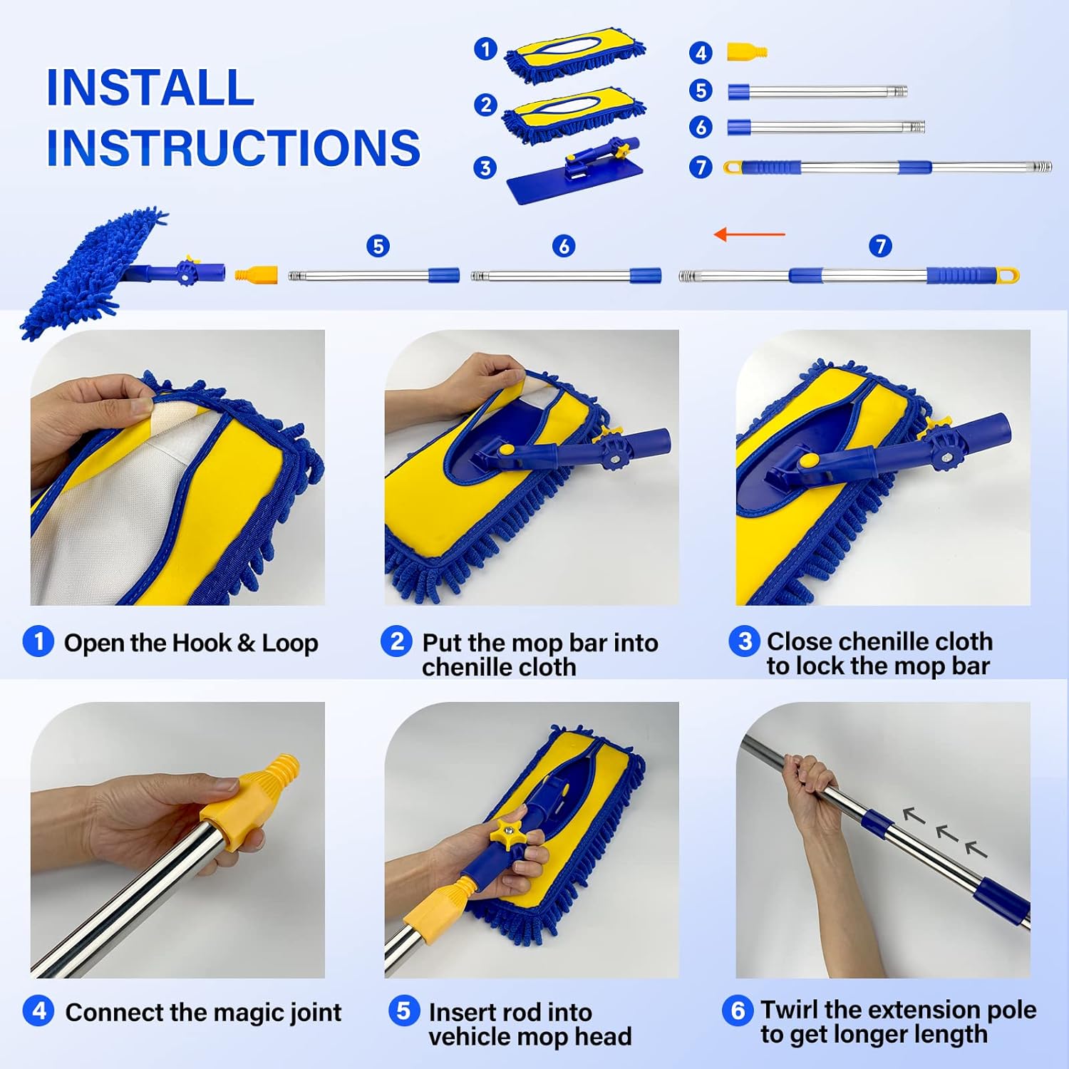 ITTAR Car Wash Brush with 61 Long Handle, 2 Pads Chenille Microfiber Truck Washer Mop, Camper Cleaner Brush with Telescopic Stainless Steel Pole, Car Cleaning Supplies for RV, SUV, Automotive · v2