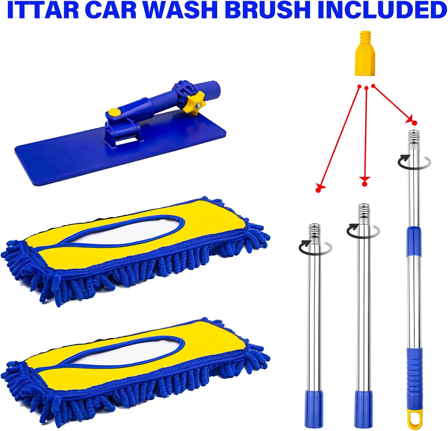 ITTAR Car Wash Brush with 61 Long Handle, 2 Pads Chenille Microfiber Truck Washer Mop, Camper Cleaner Brush with Telescopic Stainless Steel Pole, Car Cleaning Supplies for RV, SUV, Automotive · v2